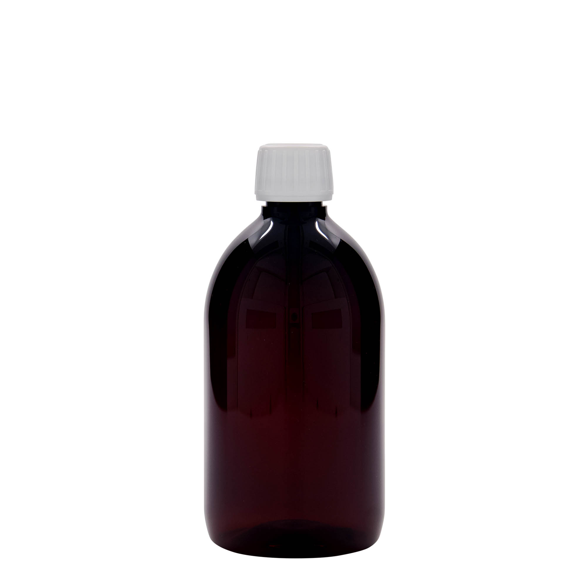 Flacon médical PET 500 ml, brun, plastique, ouverture : PP 28 Flacon médical PET 500 ml, brun, plastique, ouverture : PP 28