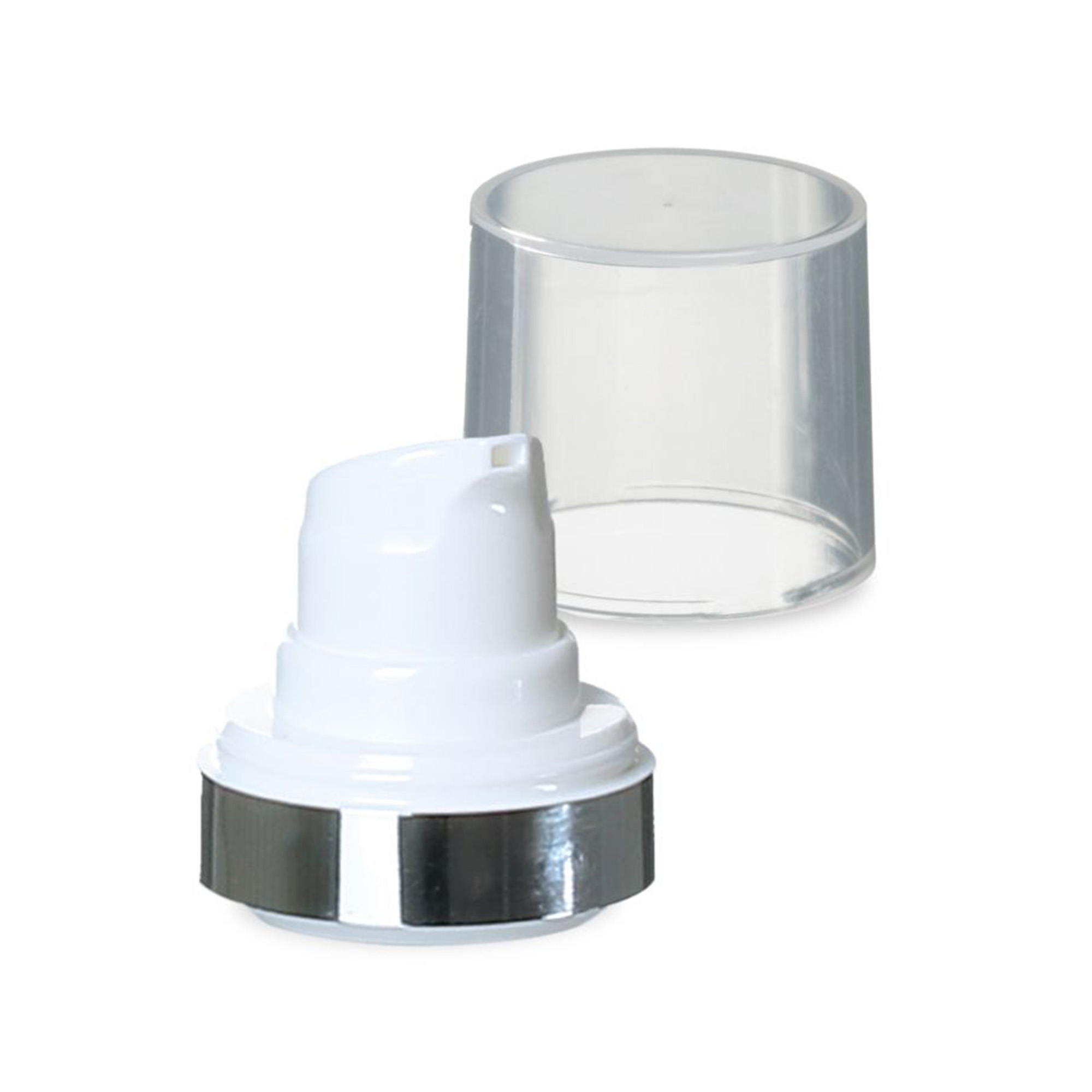 Tête airless Micro bord argenté + capuchon à emboîtement naturel brillant Tête airless Micro bord argenté + capuchon à emboîtement naturel brillant