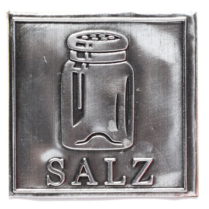 Étiquette en étain « Sel », carrée, métal, argentée