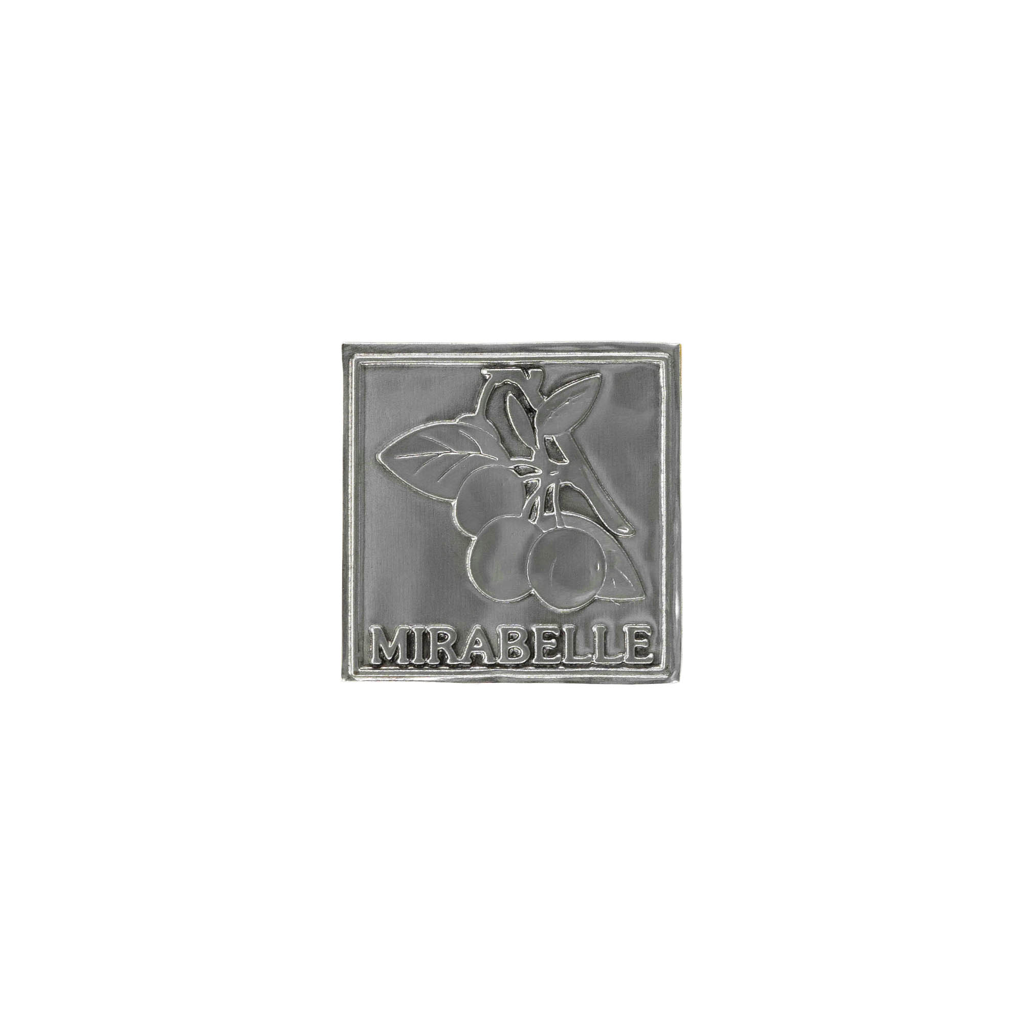 Étiquette en étain « Mirabelle », carrée, métal, argentée