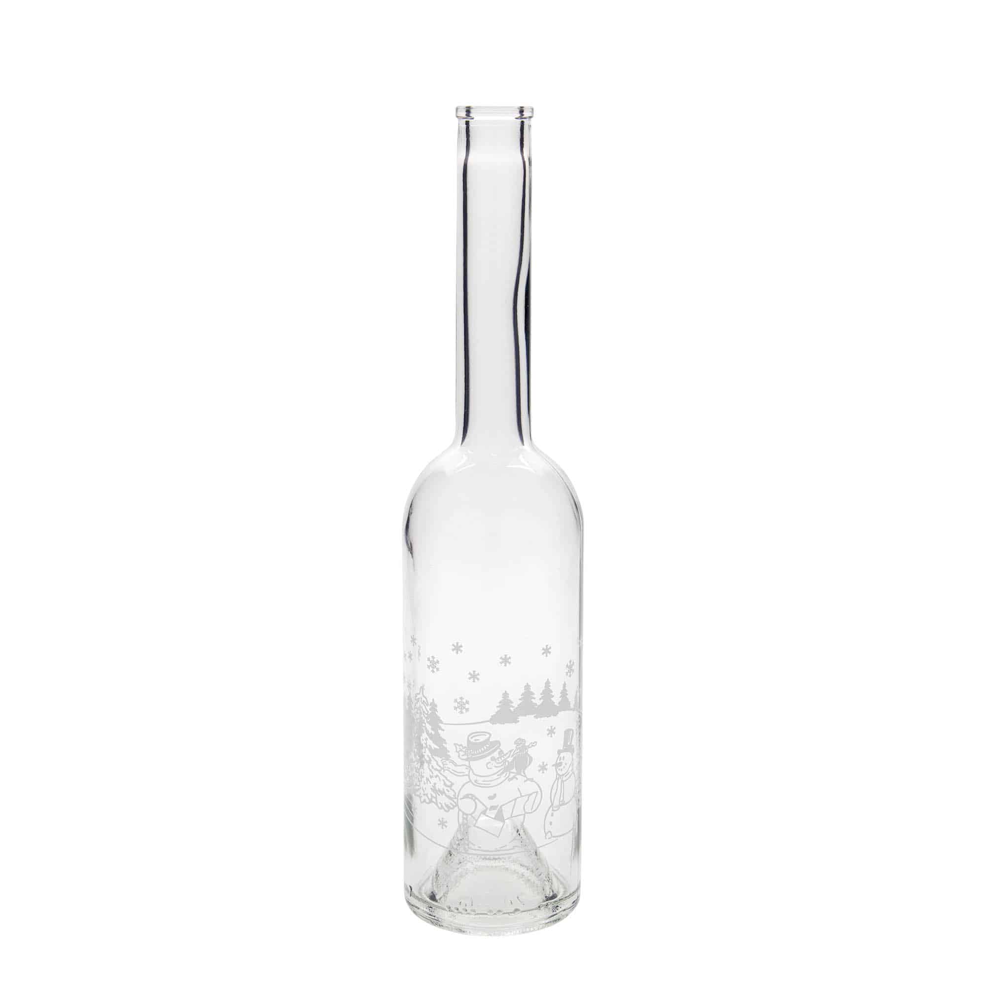 Bouteille en verre 500 ml 'Opera', motif : bouteille bonhomme de neige, col : liège