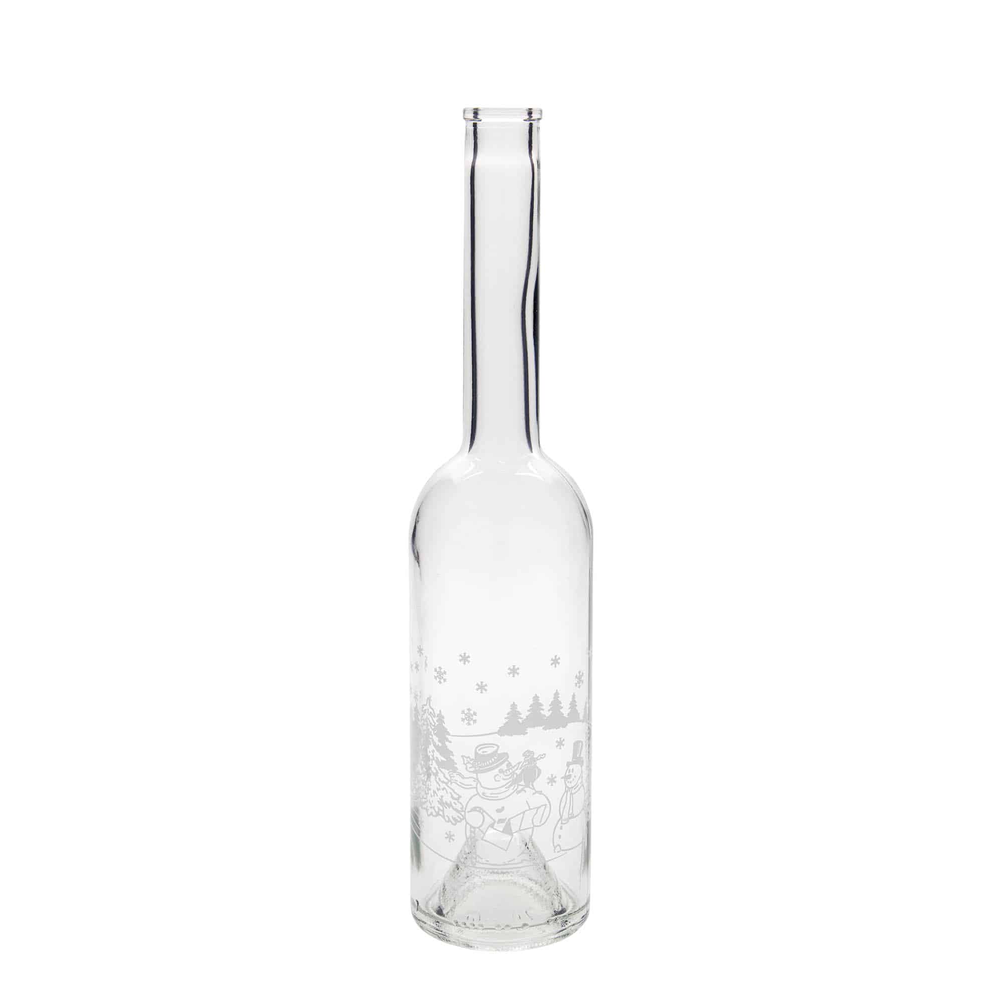 Bouteille en verre 500 ml « Opera », motif : bouteille bonhomme de neige, ouverture : bouchon en liège