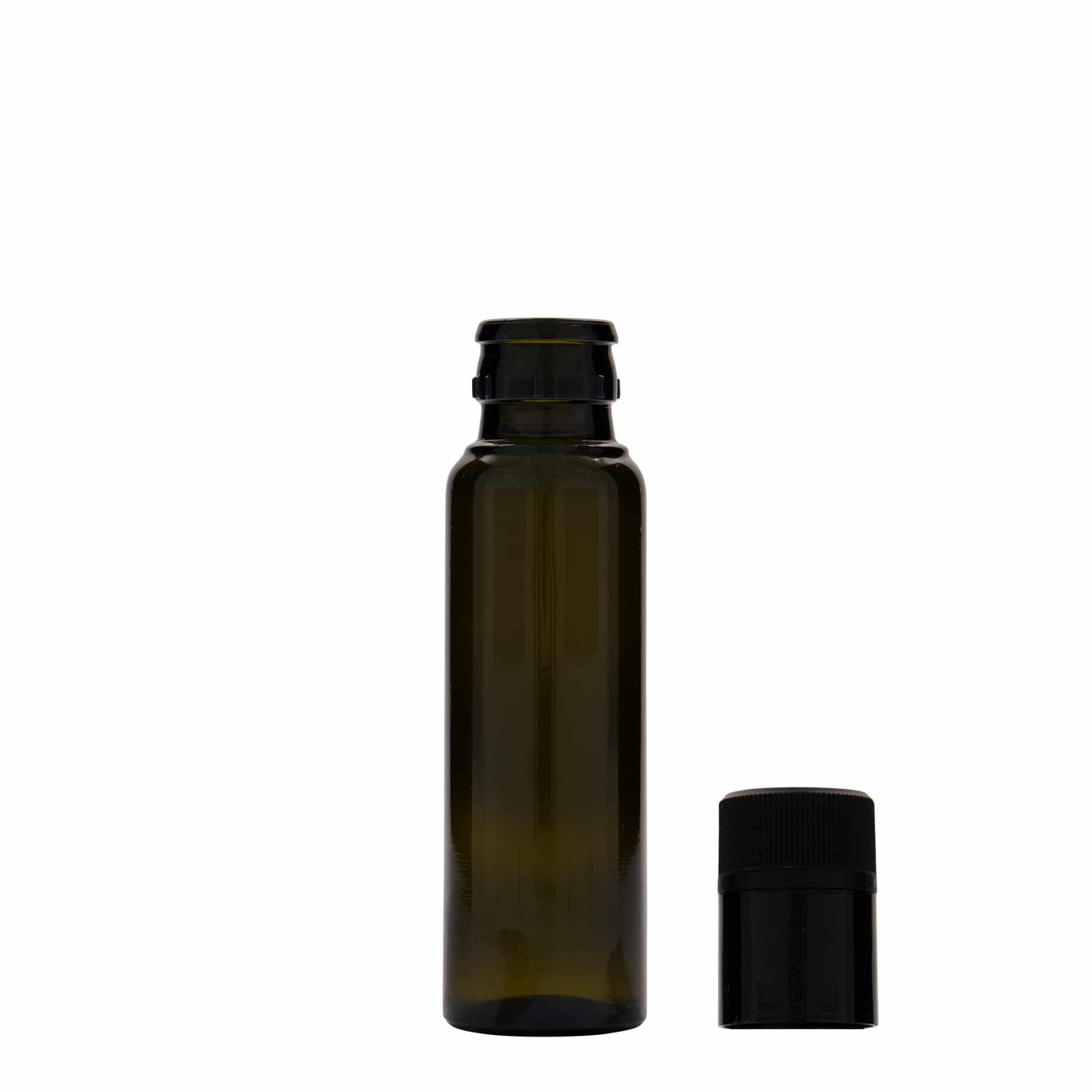 Bouteille de vinaigre / d’huile 100 ml 'Willy New', verre, vert antique, bouchage: DOP