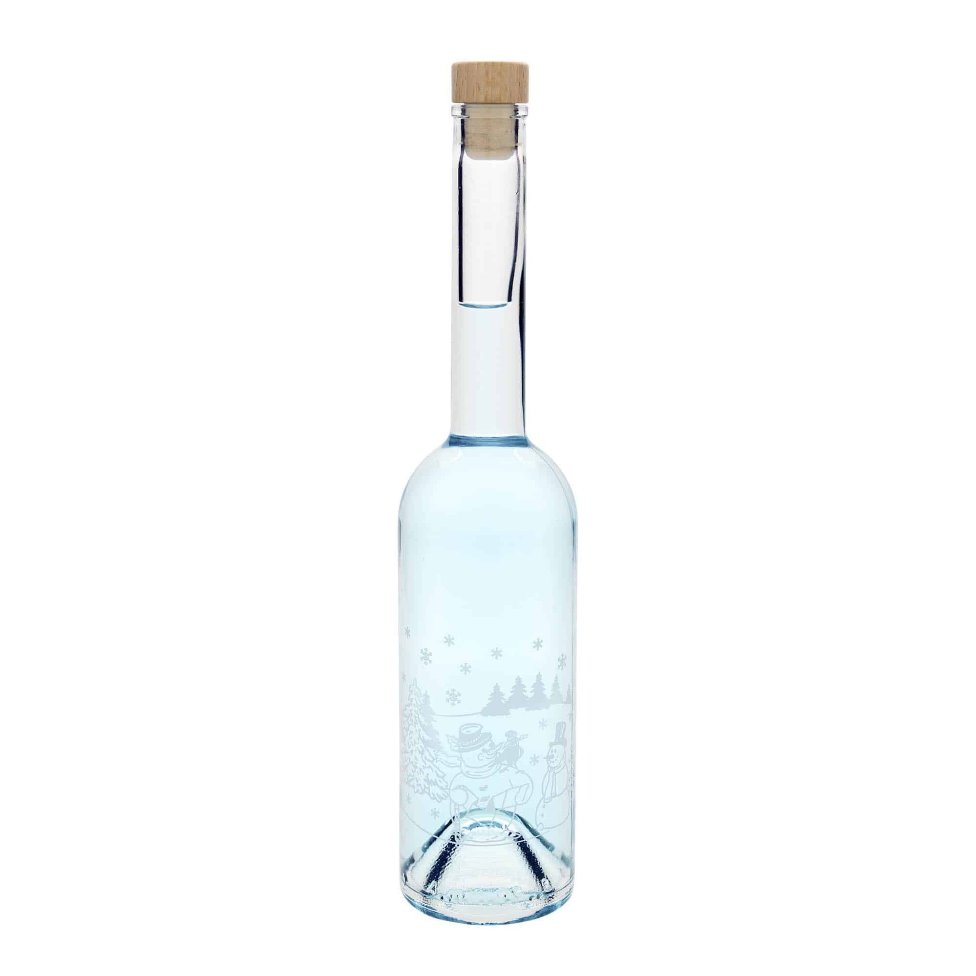 Bouteille en verre 500 ml 'Opera', motif : bouteille bonhomme de neige, col : liège