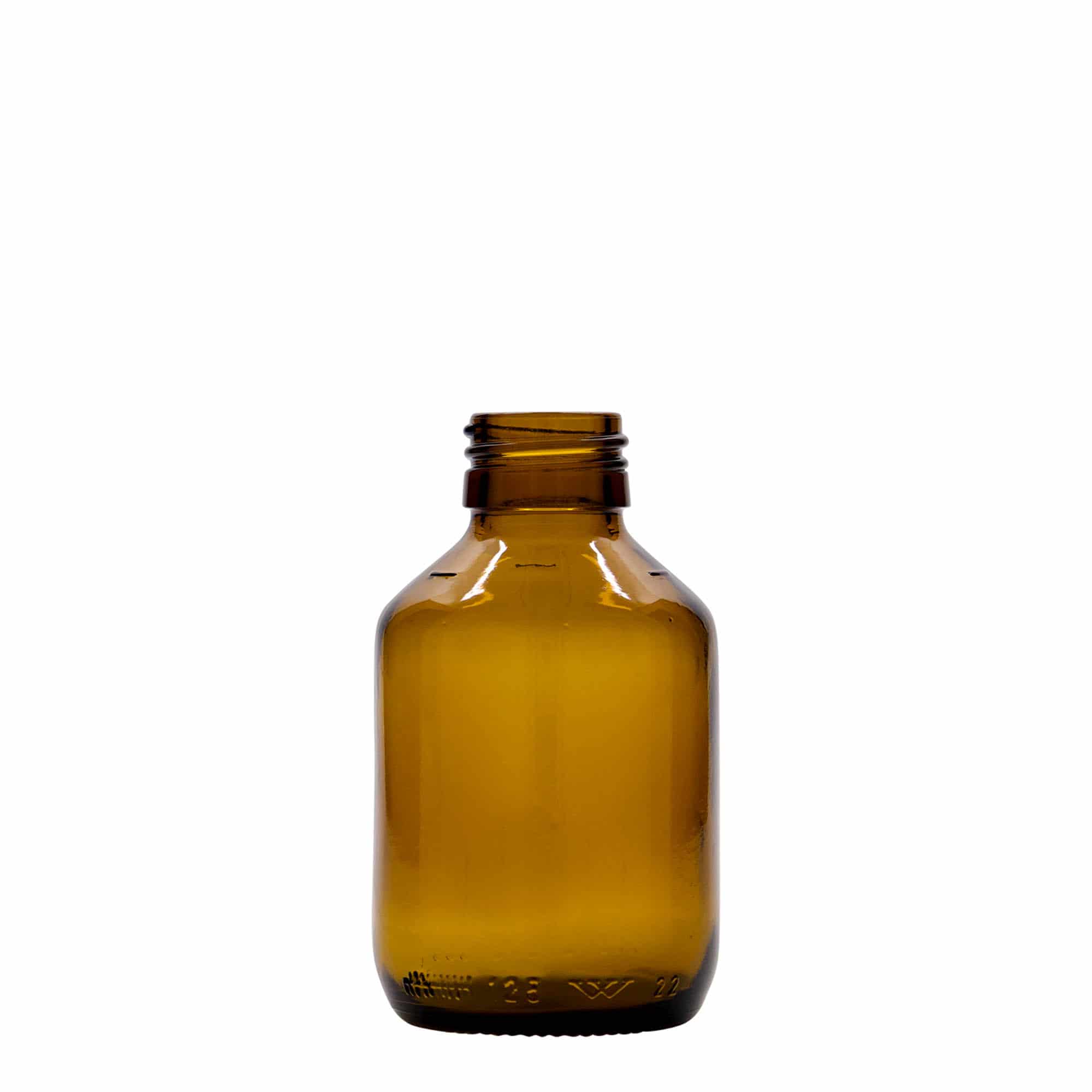 Flacon pharmaceutique 125 ml, marron, verre, bouchage: PP 28 Flacon pharmaceutique 125 ml, marron, verre, bouchage: PP 28