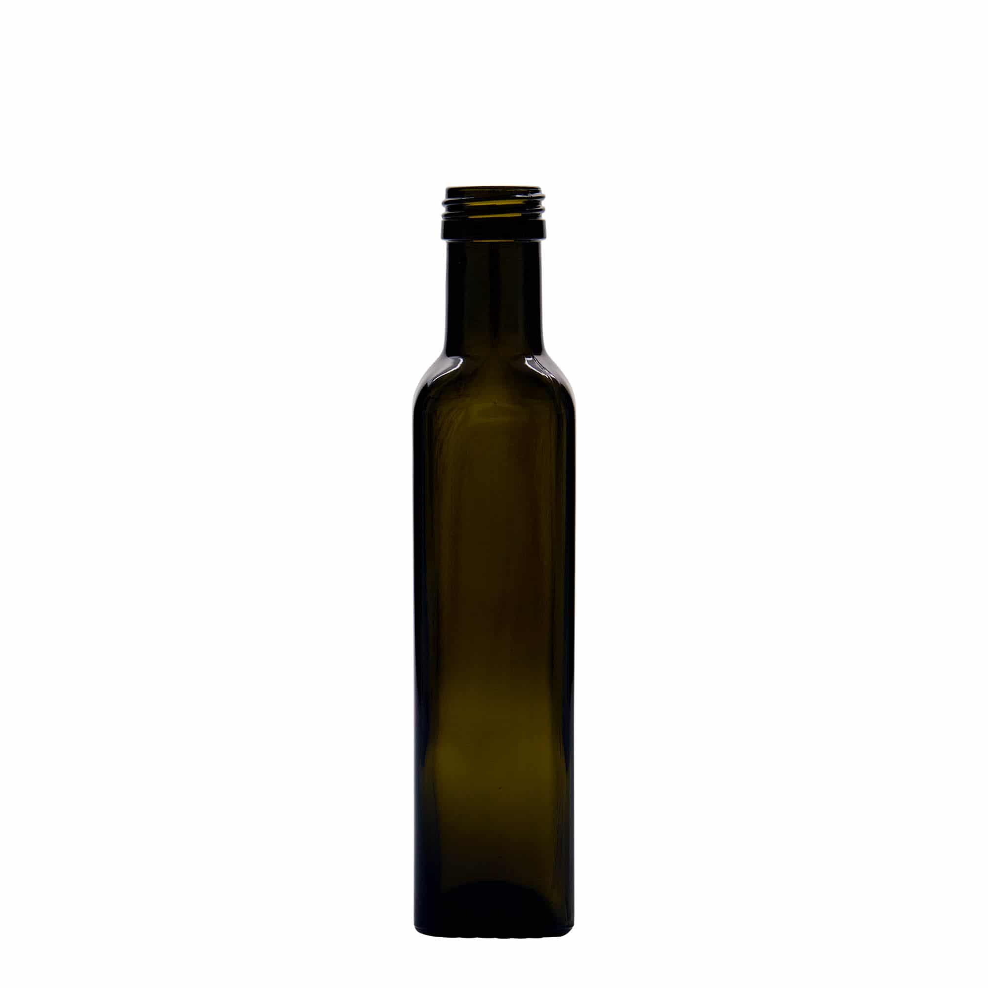 Bouteille en verre 250 ml 'Marasca', carrée, vert antique, col : PP 31,5