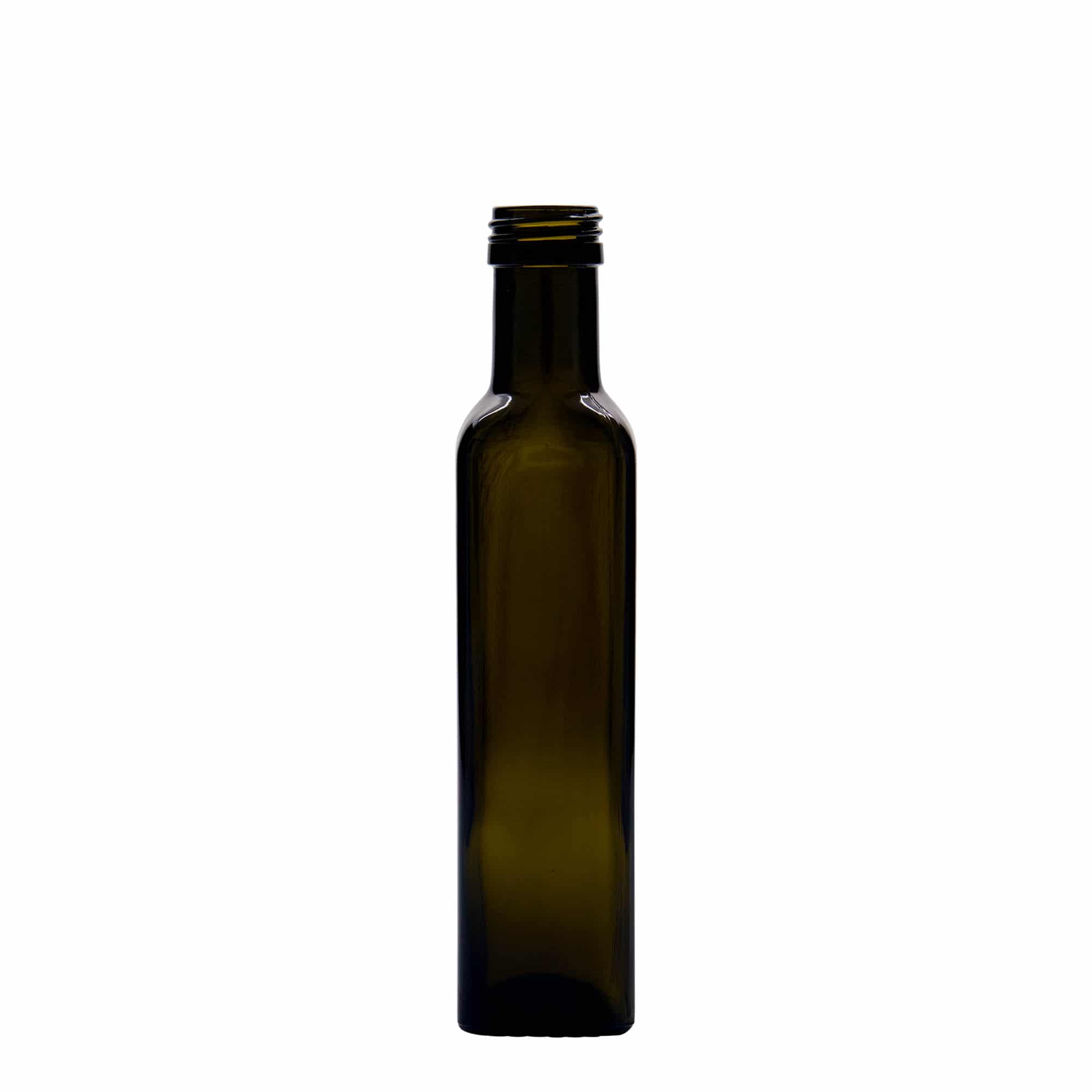 Bouteille en verre 250 ml 'Marasca', carrée, vert antique, bouchage: PP 31,5 Bouteille en verre 250 ml 'Marasca', carrée, vert antique, bouchage: PP 31,5