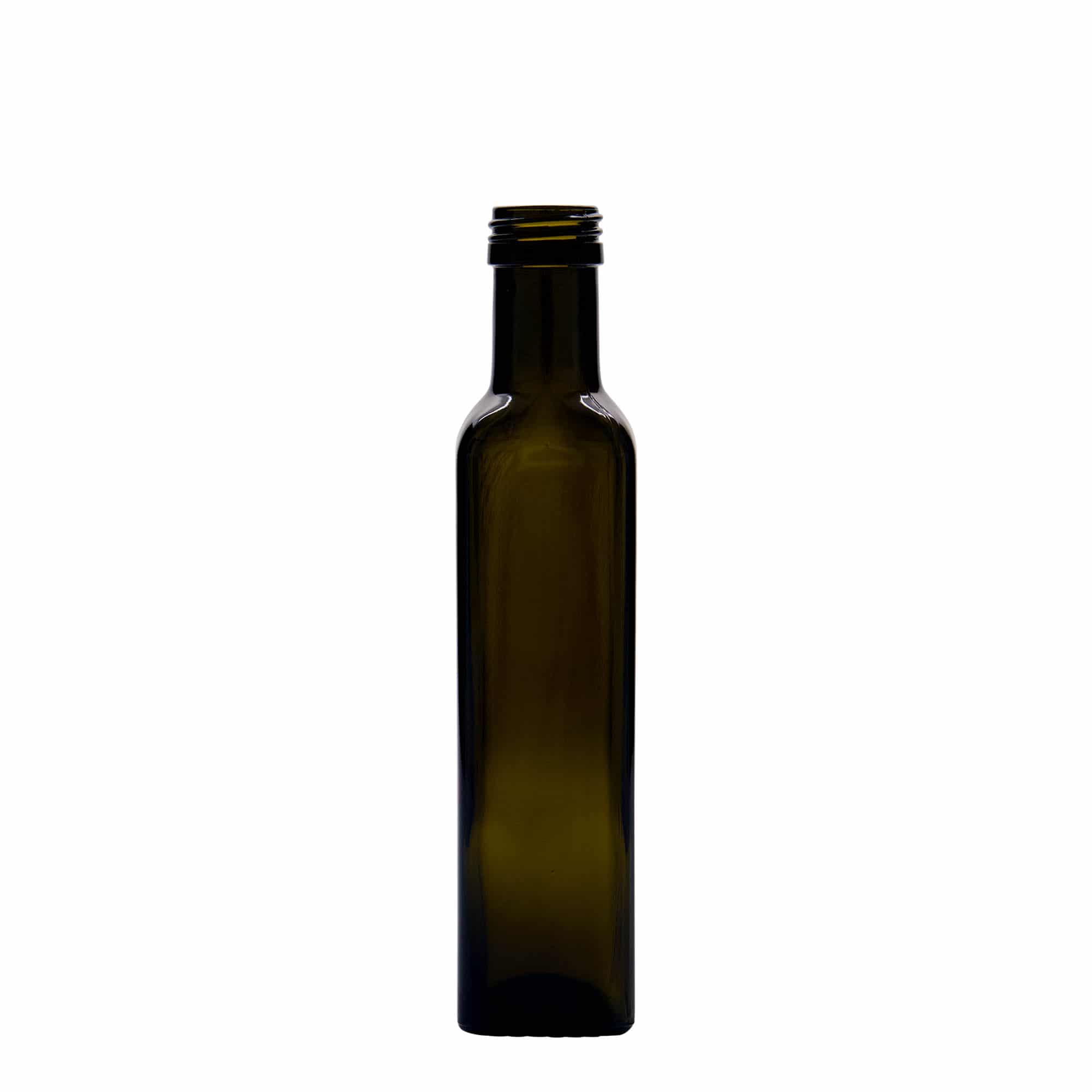 Flacon en verre 250 ml « Marasca », carré, vert antique, ouverture : PP 31,5