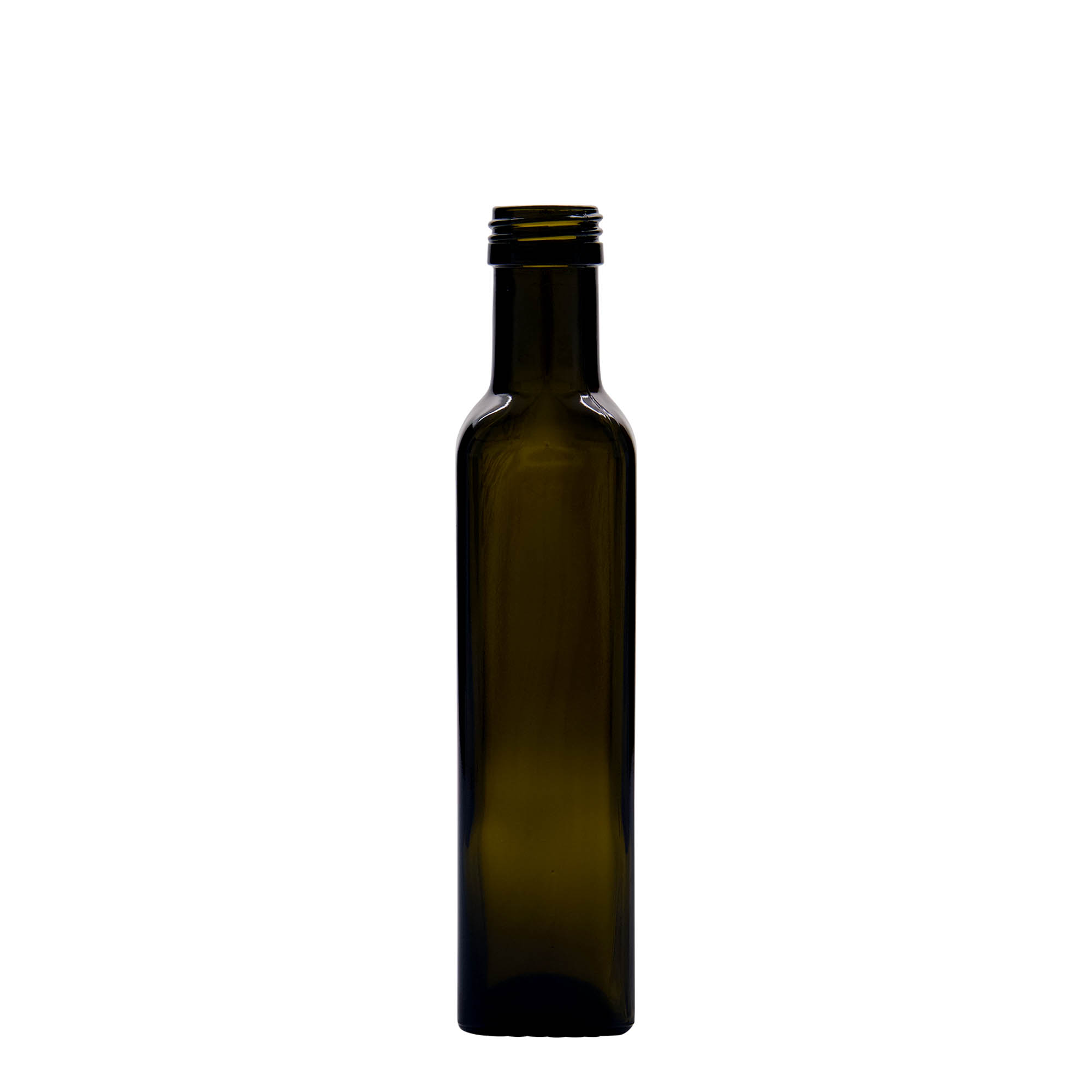 Flacon en verre 250 ml « Marasca », carré, vert antique, ouverture : PP 31,5 Flacon en verre 250 ml « Marasca », carré, vert antique, ouverture : PP 31,5