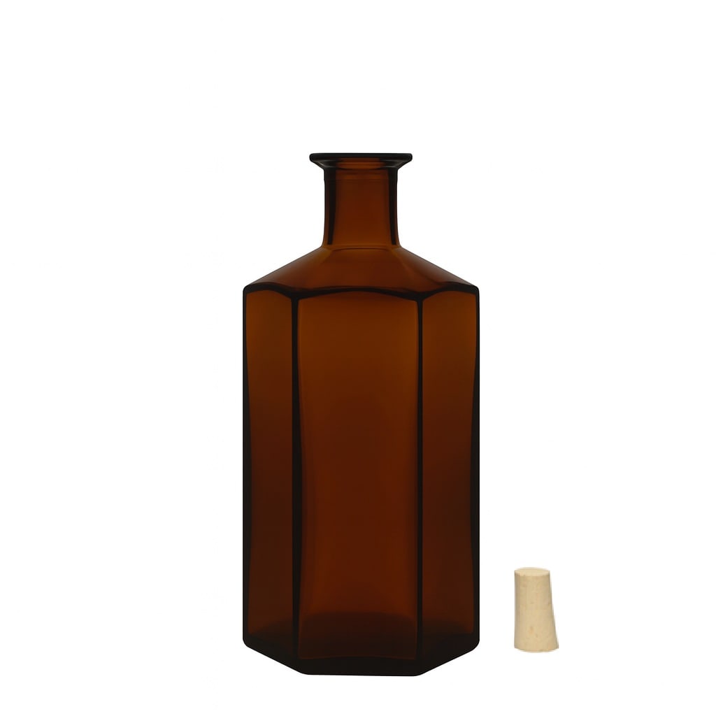 Bouteille en verre 500 ml Apothicaire 'Jimmy', hexagonale, brune, ouverture : bouchon en liège
