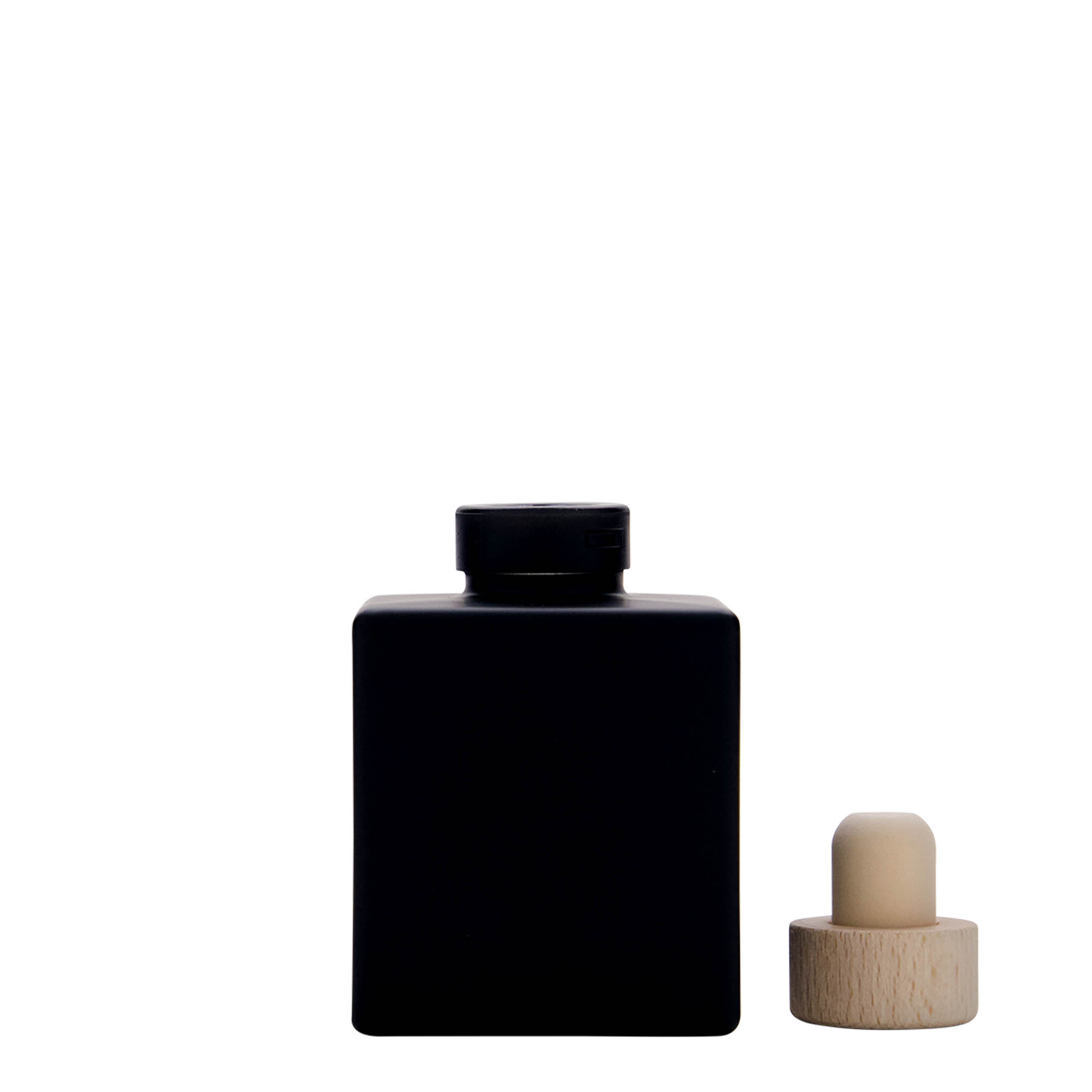 Flacon en verre 100 ml « Cube », carré, noir, ouverture : bouchon en liège Flacon en verre 100 ml « Cube », carré, noir, ouverture : bouchon en liège