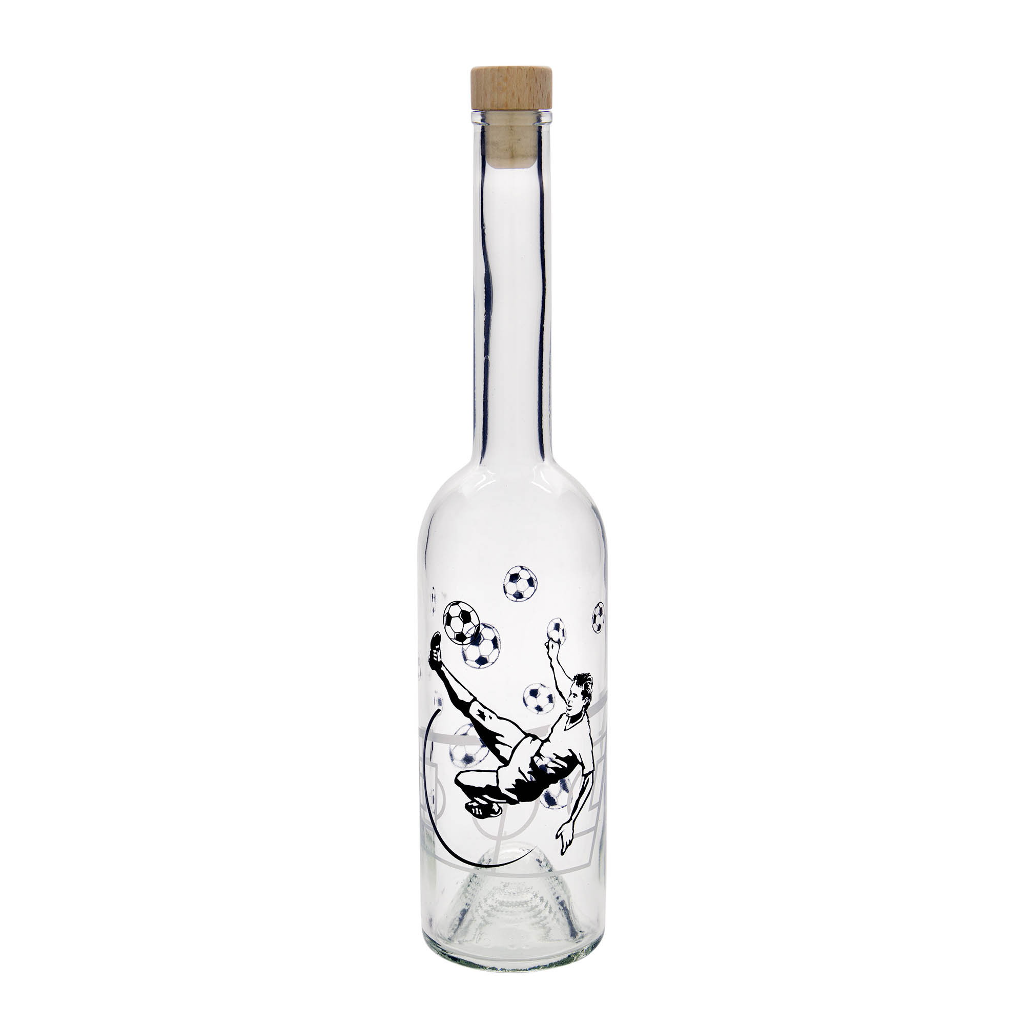Bouteille en verre 500 ml 'Opera', motif : joueur de football, ouverture : bouchon en liège Bouteille en verre 500 ml 'Opera', motif : joueur de football, ouverture : bouchon en liège