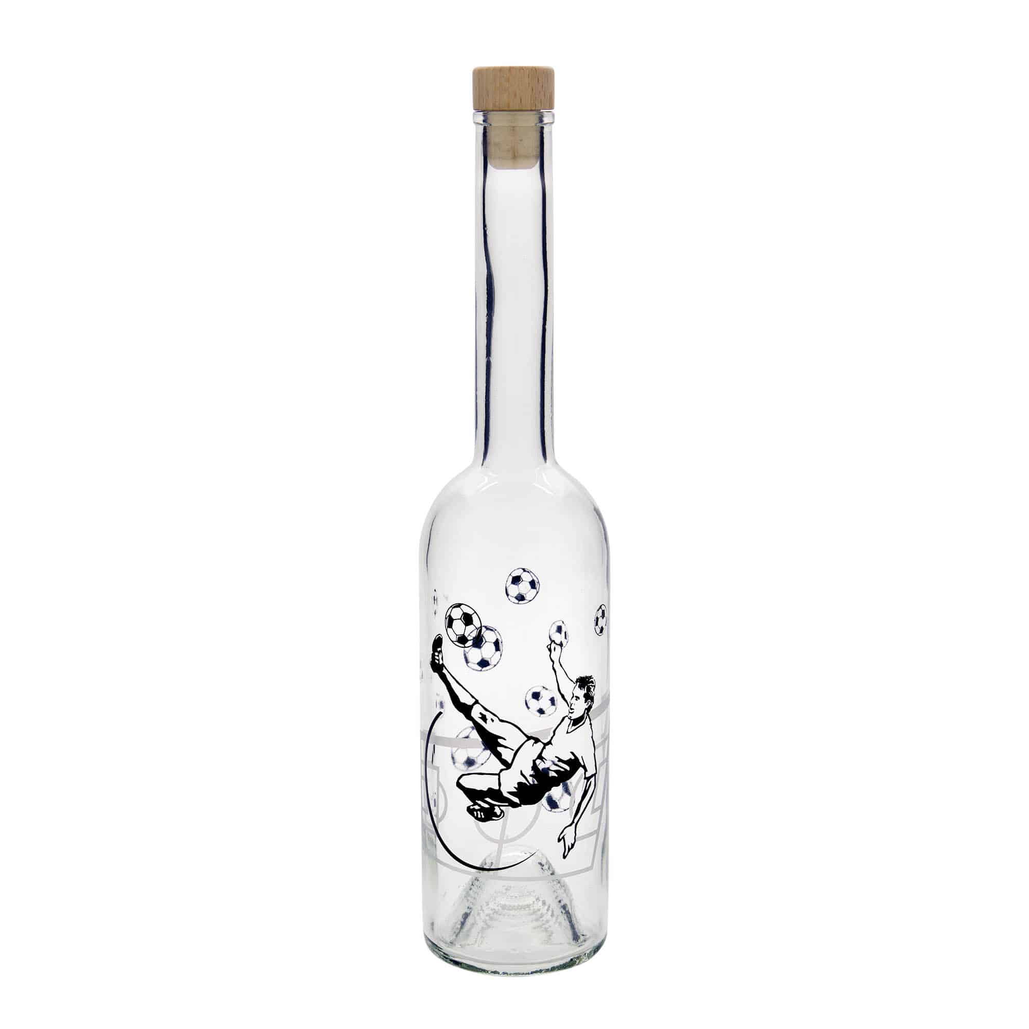 Bouteille en verre 500 ml « Opera », motif : joueur de football, ouverture : bouchon en liège