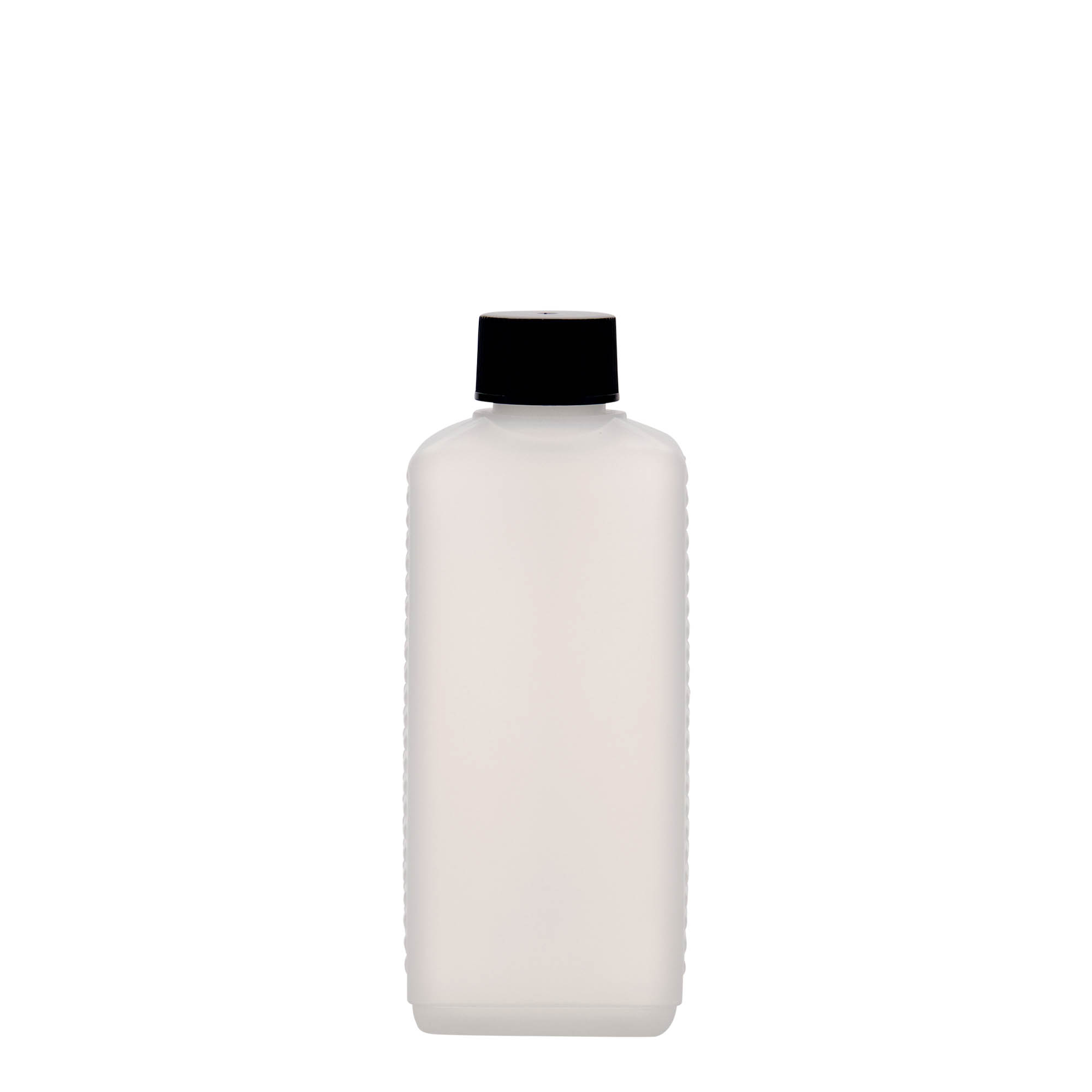 Bouteille bidon de 250 ml, rectangulaire, plastique HDPE, naturel, ouverture : DIN 25 EPE