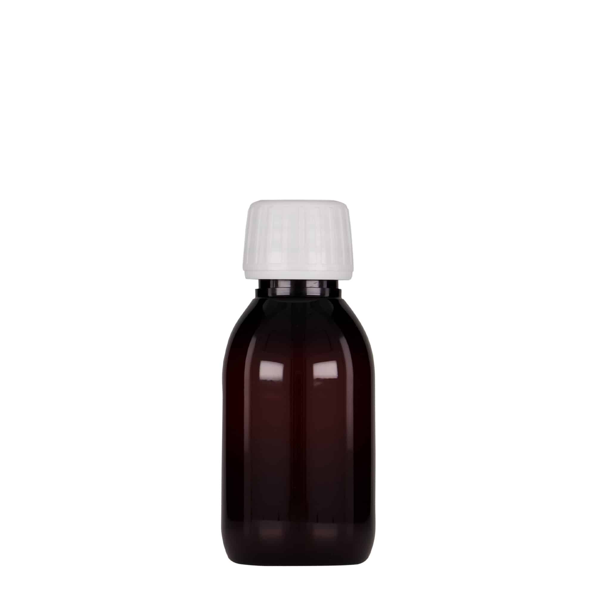 Flacon médical PET 100 ml, brun, plastique, ouverture : PP 28