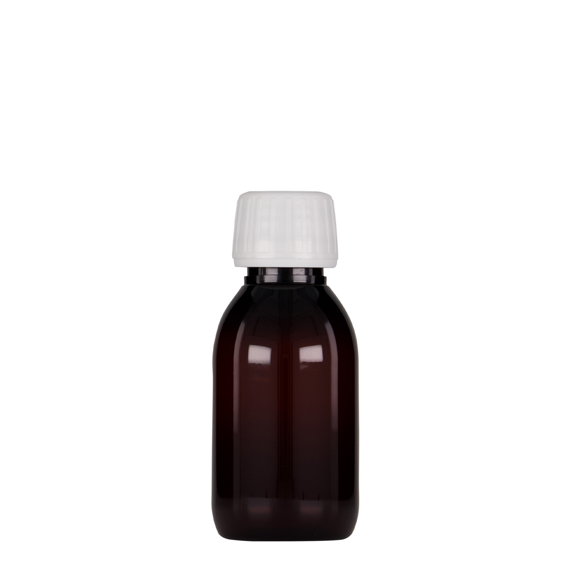 Flacon médical PET 100 ml, brun, plastique, ouverture : PP 28