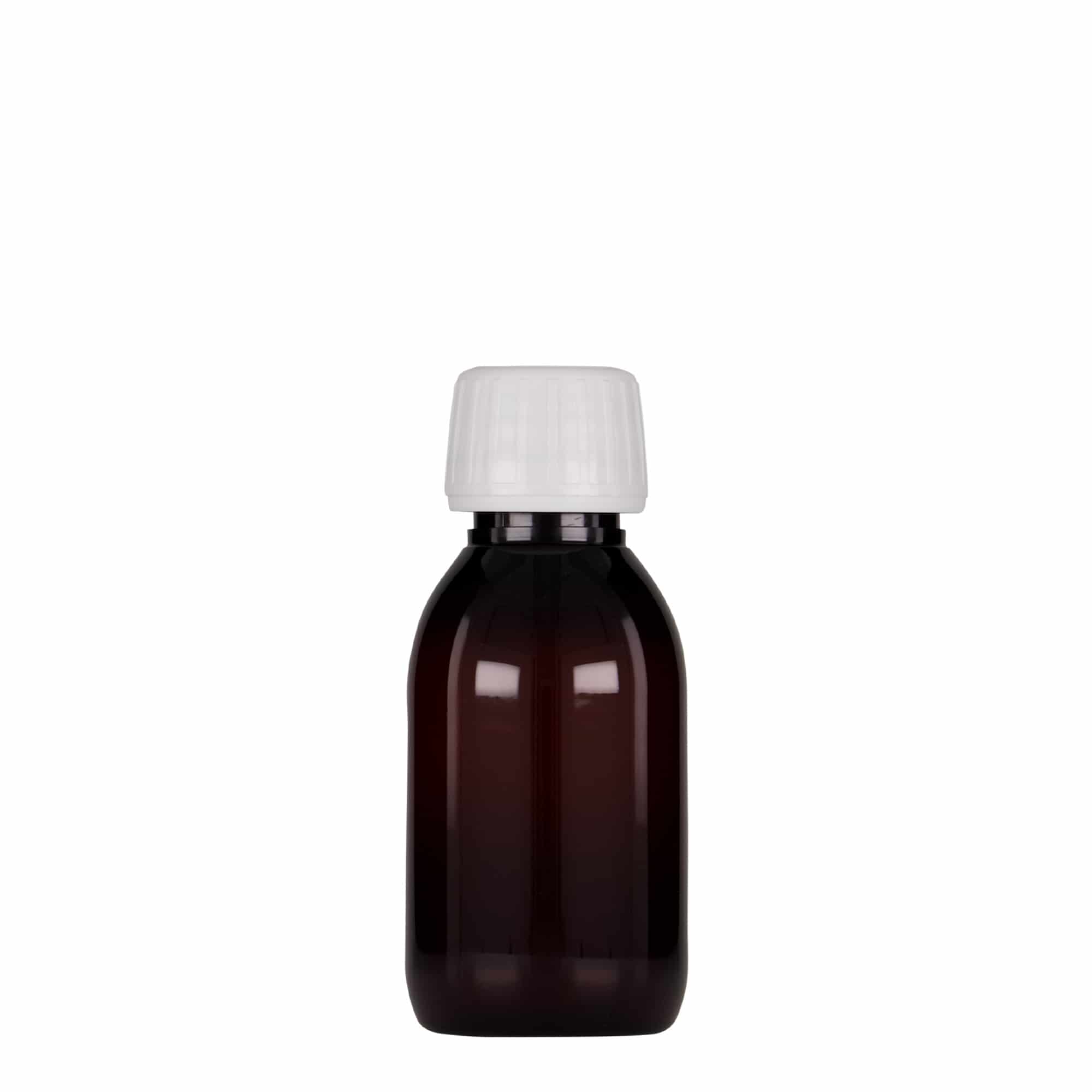 Flacon médical PET 100 ml, brun, plastique, ouverture : PP 28