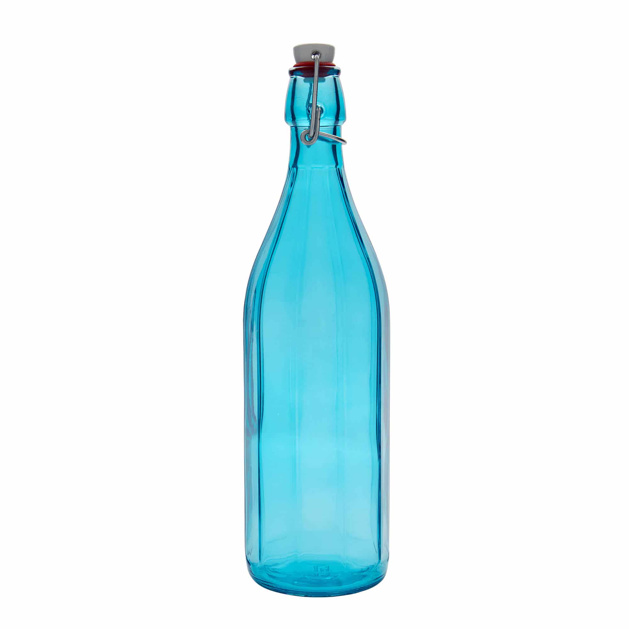 Bouteille en verre 1 000 ml 'Oxford', décagonale, bleu azur, col : bouchon mécanique