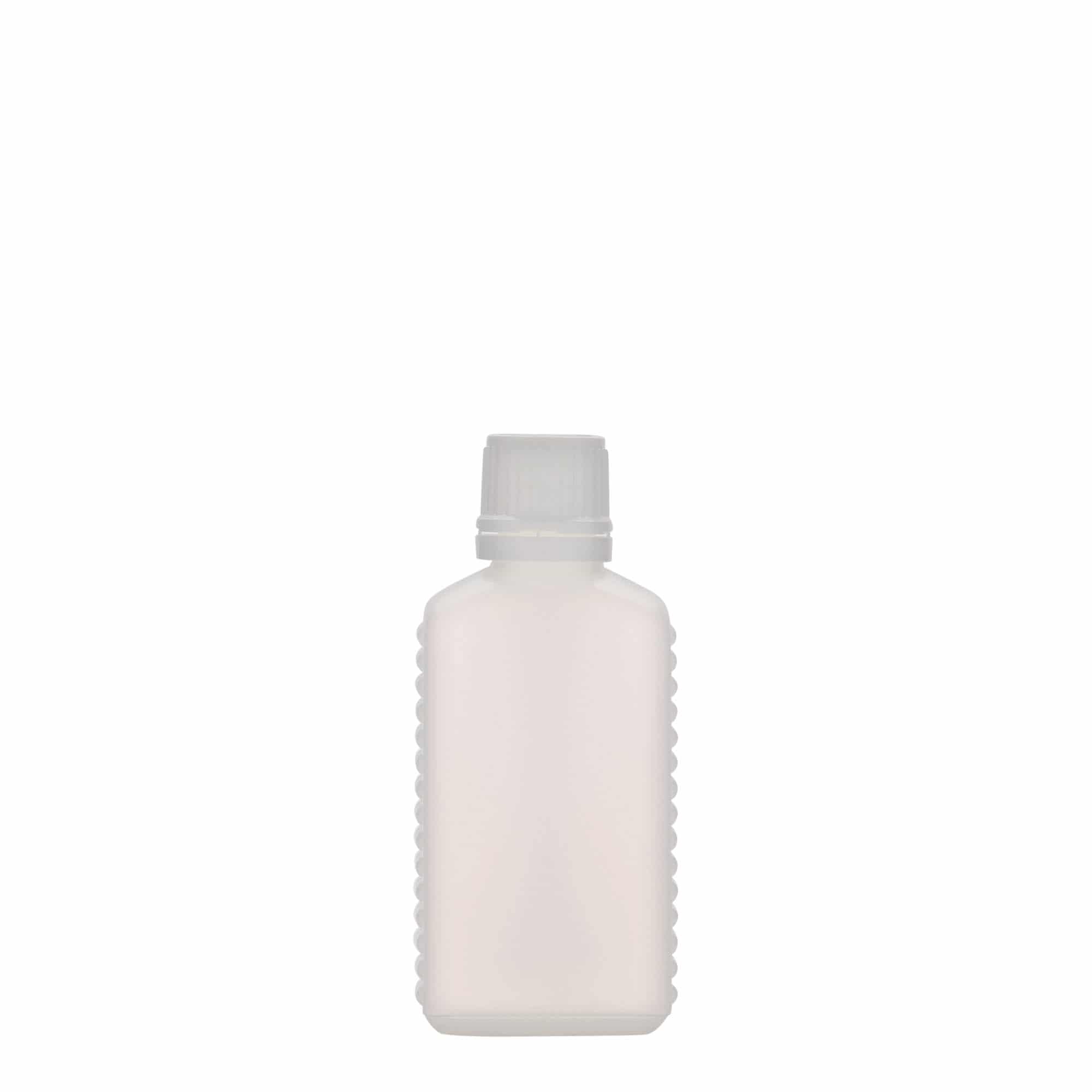 Bouteille bidon 50 ml col étroit, rectangulaire, plastique HDPE, naturel, ouverture : DIN 18