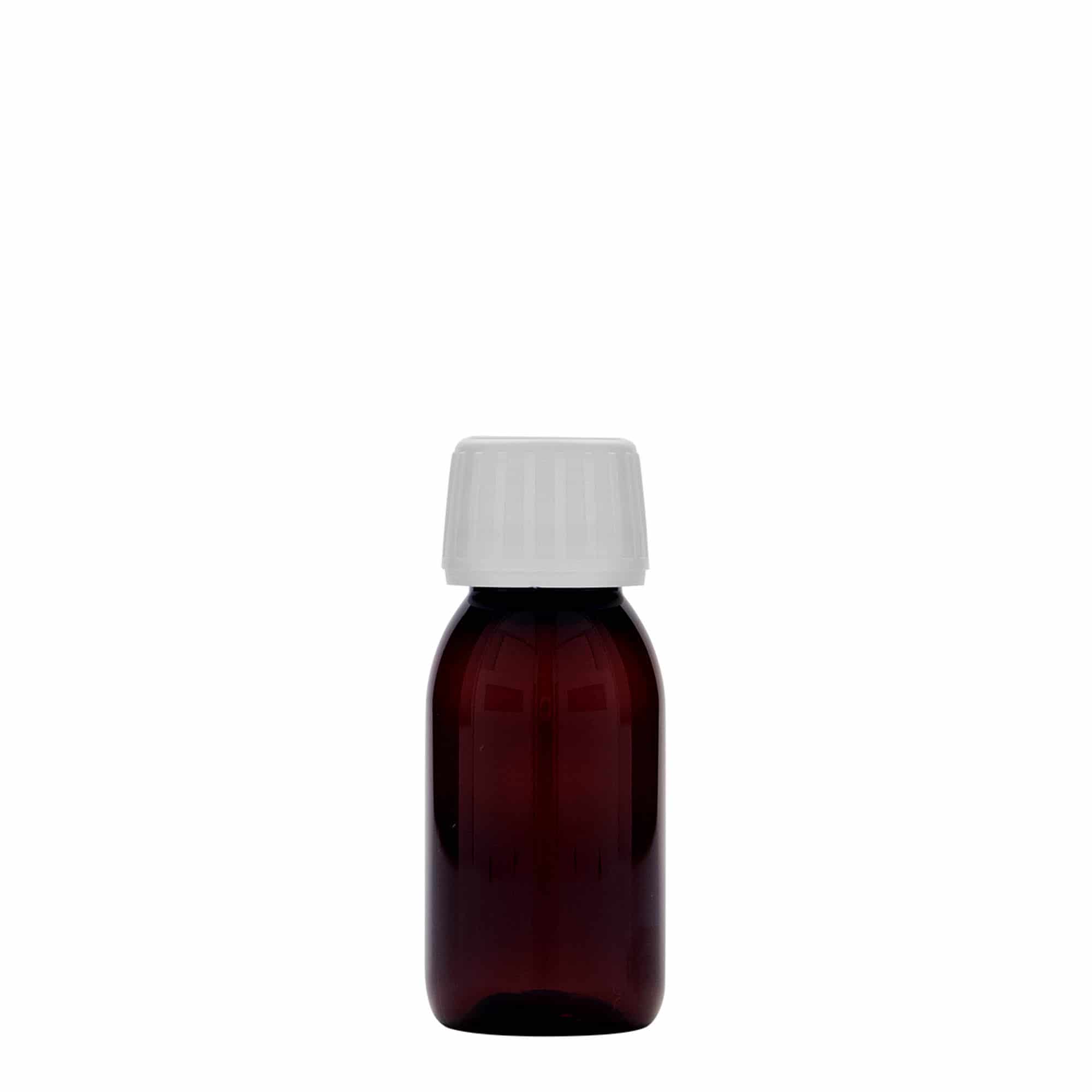Flacon pharmaceutique en PET 60 ml, brun, plastique, col : PP 28