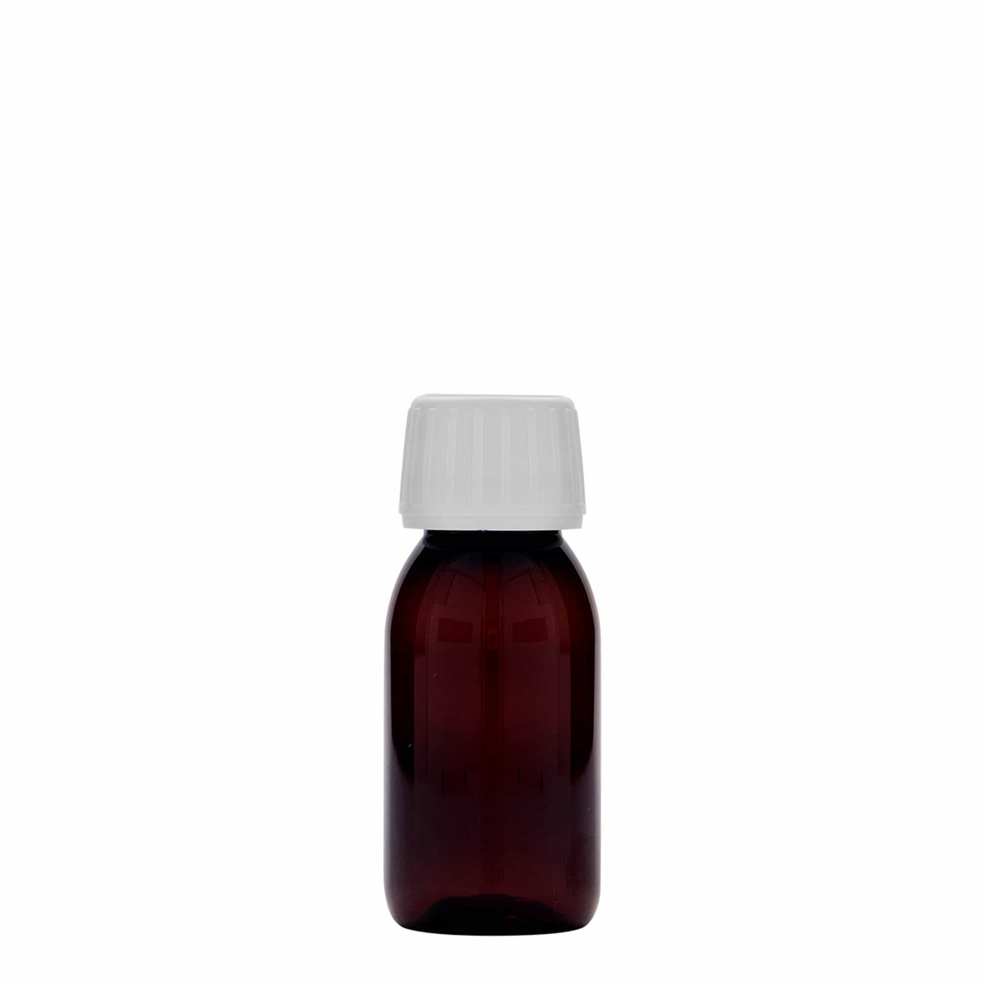 Flacon médical PET de 60 ml, brun, plastique, ouverture : PP 28