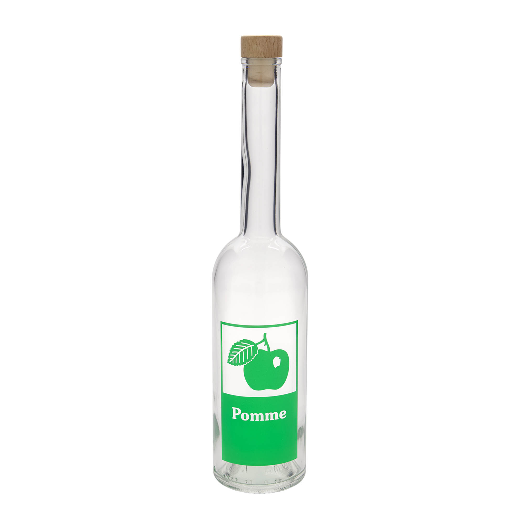 Bouteille en verre 500 ml 'Opera', motif : Pomme, ouverture : bouchon en liège