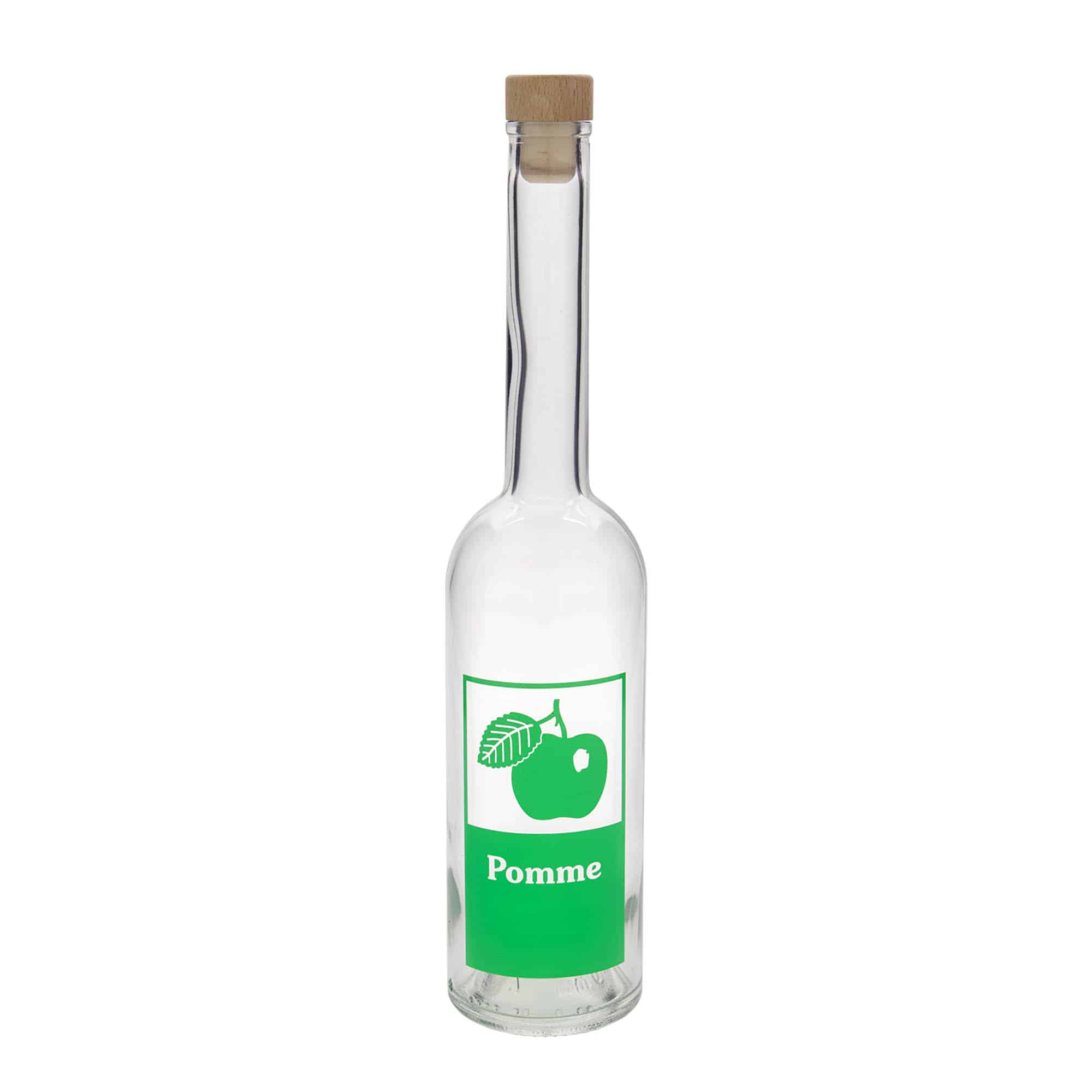 Bouteille en verre 500 ml 'Opera', motif : Pomme, ouverture : bouchon en liège