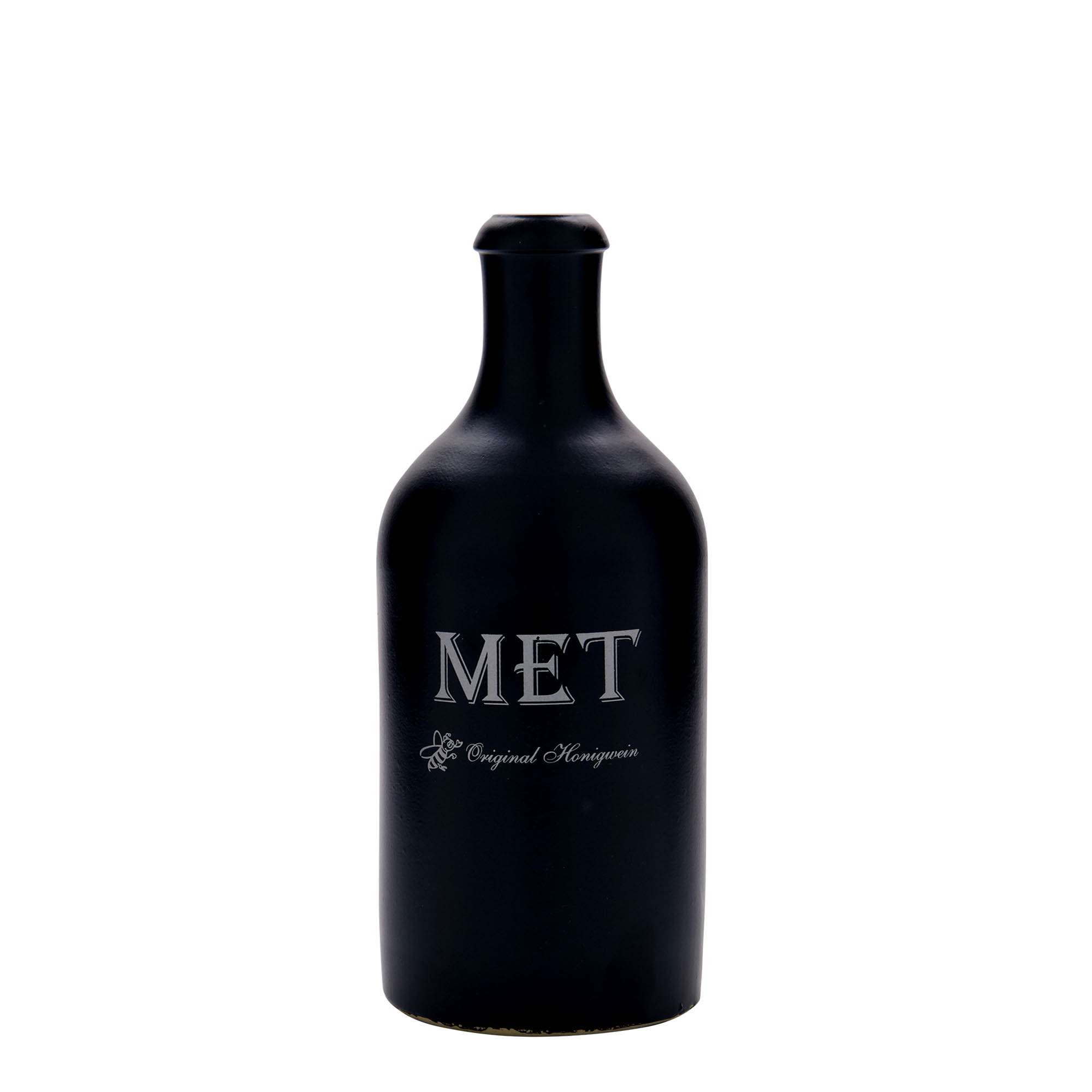 Chope en terre cuite 500 ml, motif : hydromel, grès, noir, ouverture : liège Chope en terre cuite 500 ml, motif : hydromel, grès, noir, ouverture : liège