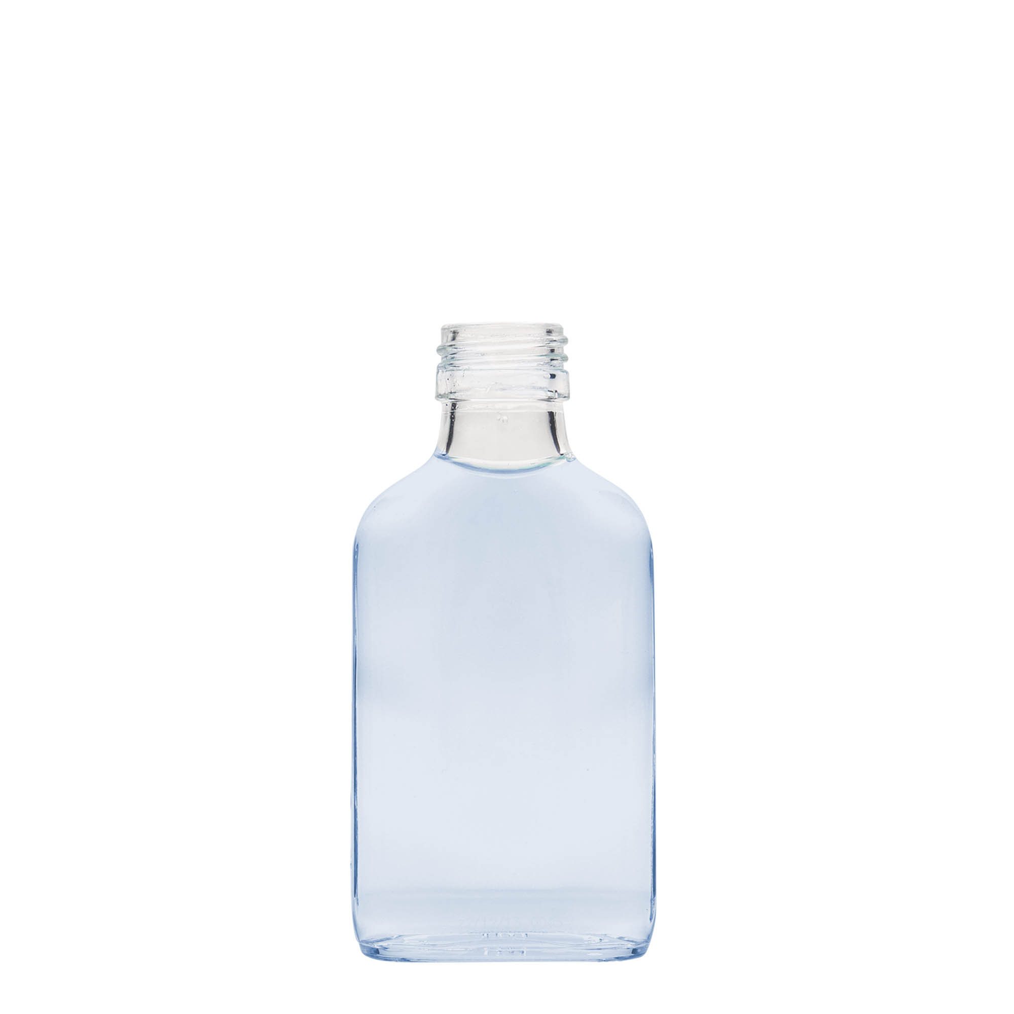 Flacon de poche 100 ml, rectangulaire, verre, ouverture : PP 28 Flacon de poche 100 ml, rectangulaire, verre, ouverture : PP 28