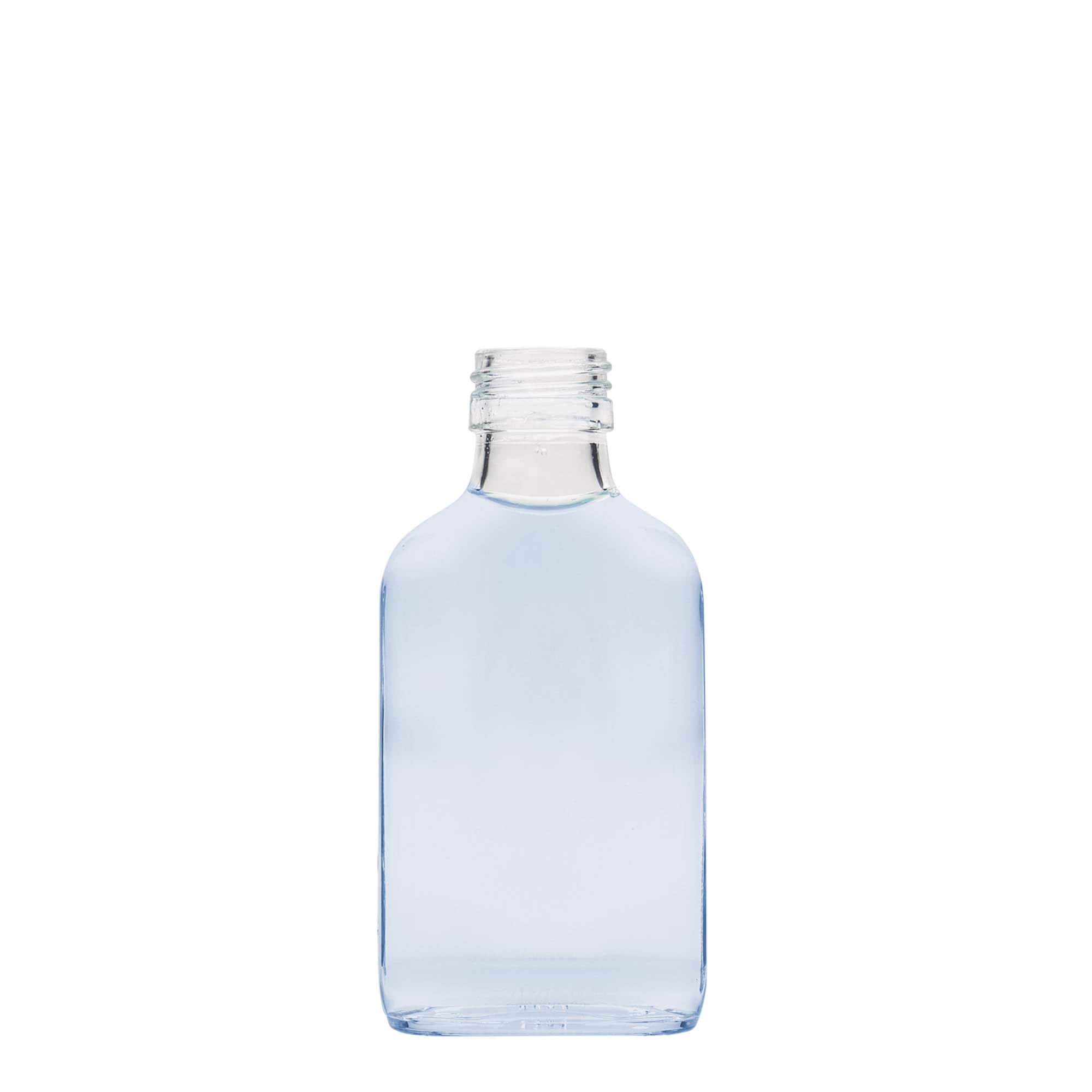 Flacon de poche 100 ml, rectangulaire, verre, ouverture : PP 28 Flacon de poche 100 ml, rectangulaire, verre, ouverture : PP 28