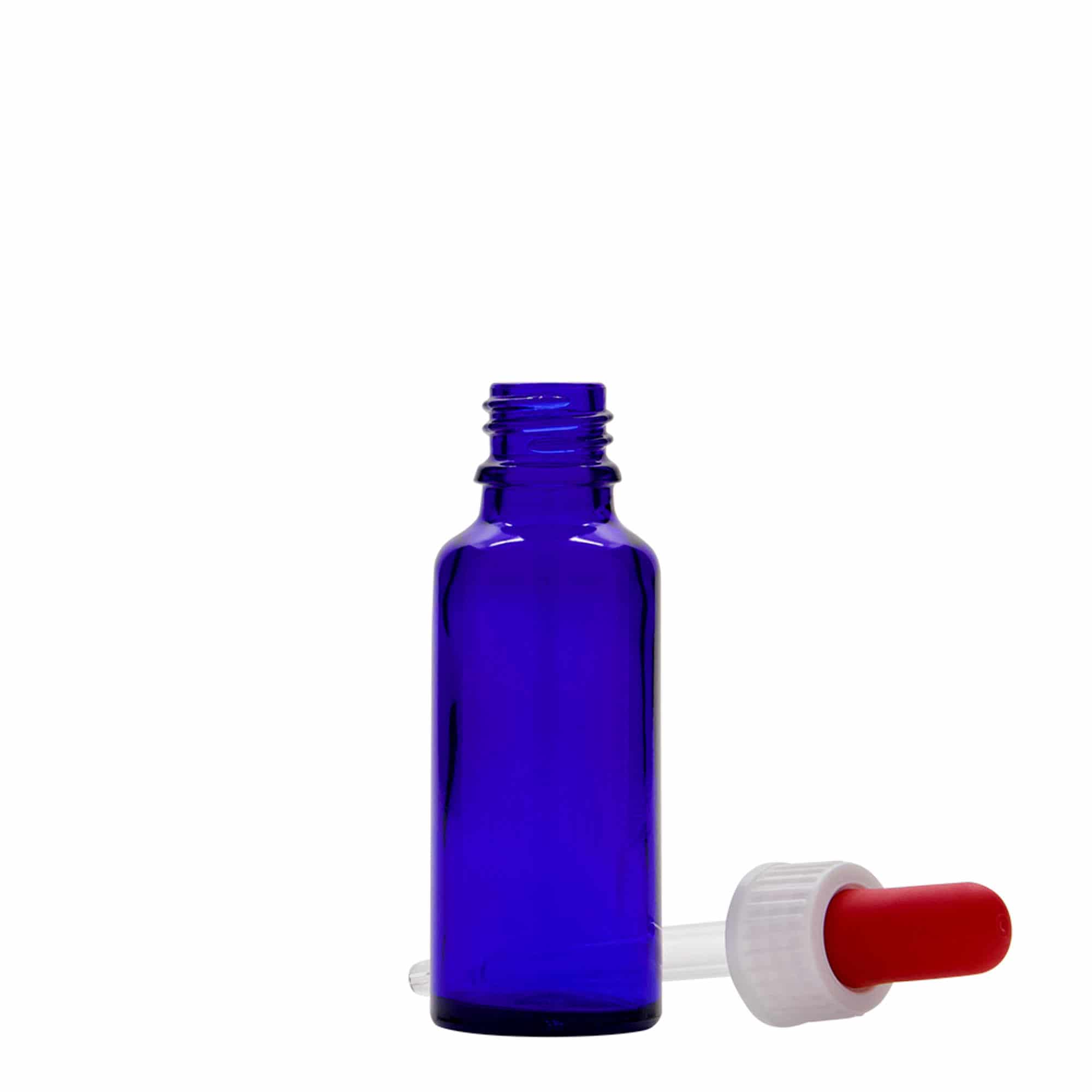 Flacon compte-gouttes médical 30 ml, verre, bleu roi-rouge, col : DIN 18