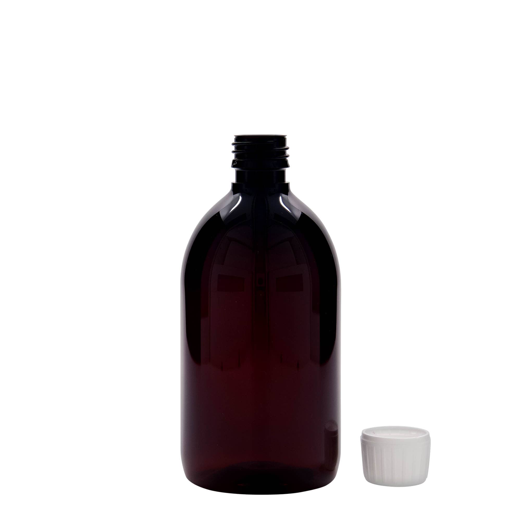 Flacon médical PET 500 ml, brun, plastique, ouverture : PP 28
