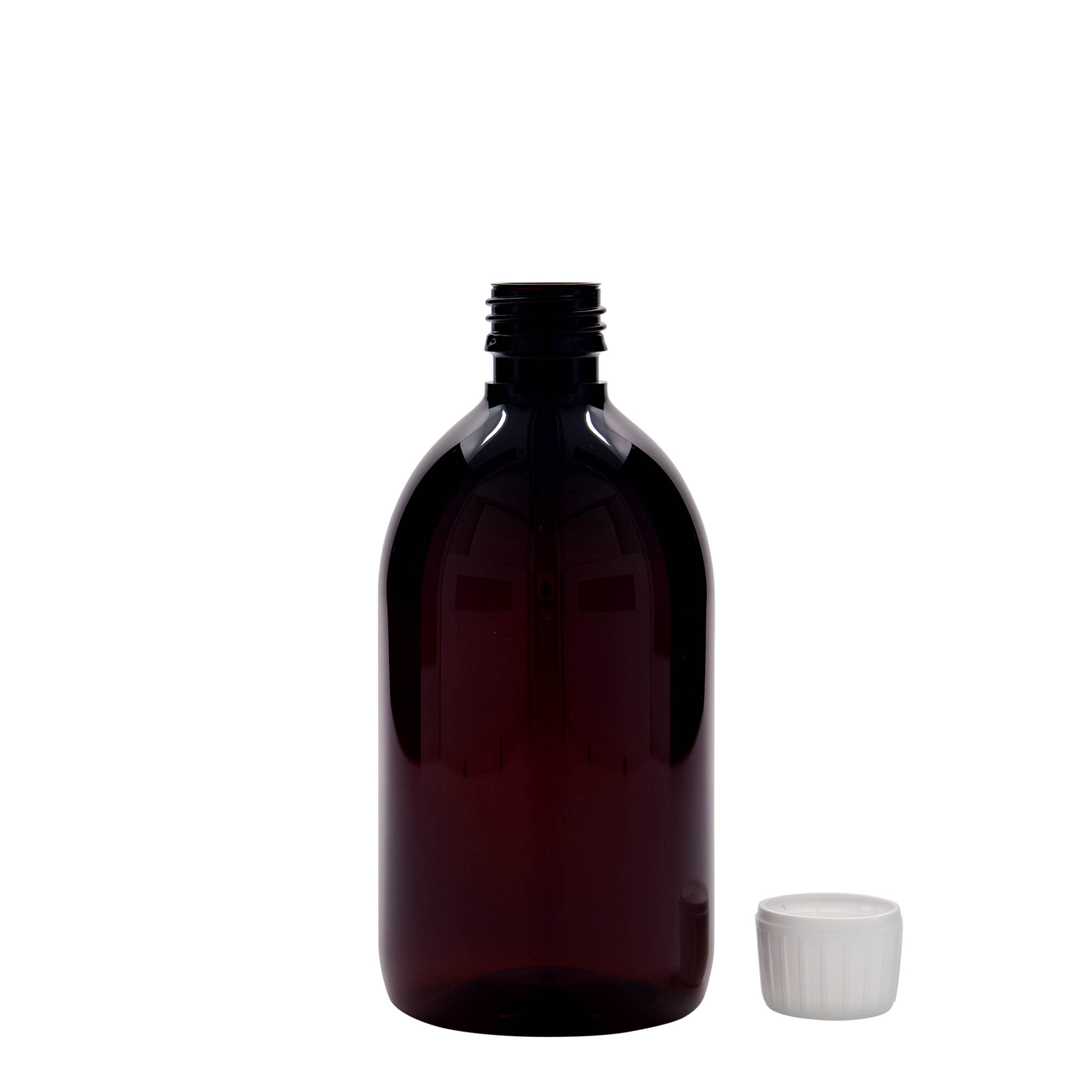 Flacon médical PET 500 ml, brun, plastique, ouverture : PP 28 Flacon médical PET 500 ml, brun, plastique, ouverture : PP 28