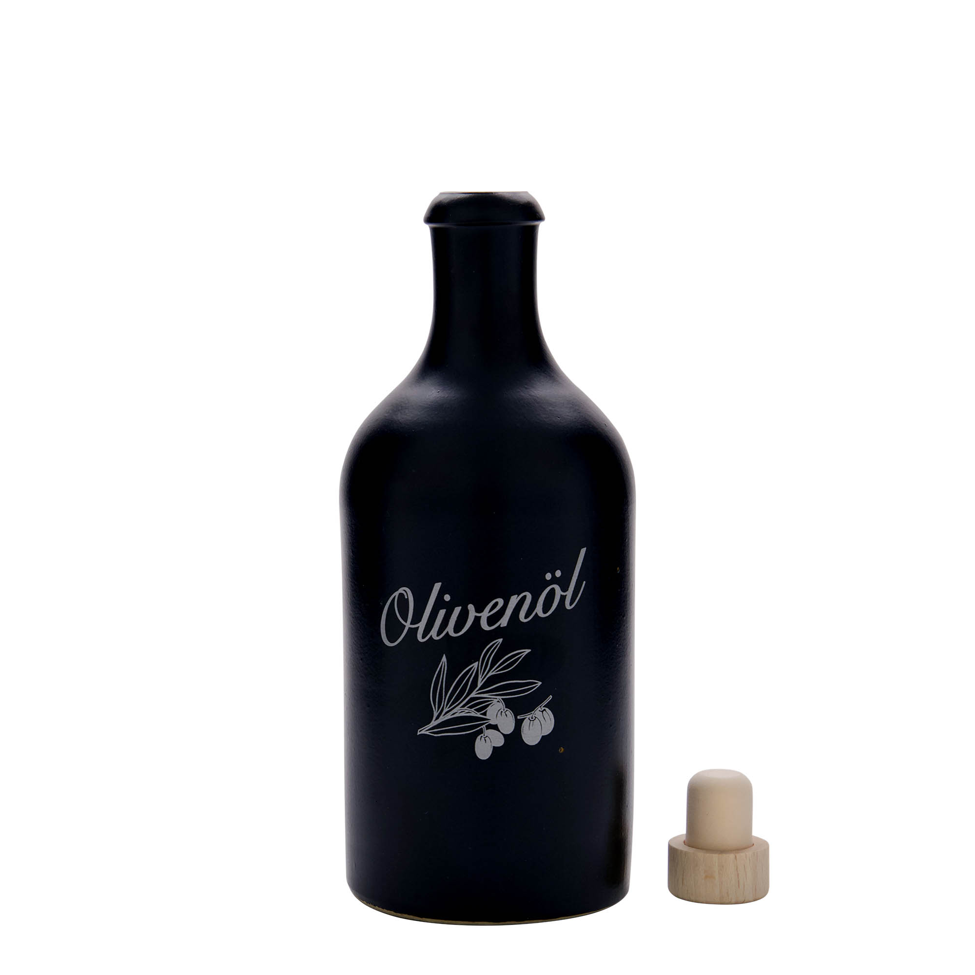Cruche en grès 500 ml, motif : huile d'olive, grès, noir, ouverture : bouchon en liège Cruche en grès 500 ml, motif : huile d'olive, grès, noir, ouverture : bouchon en liège