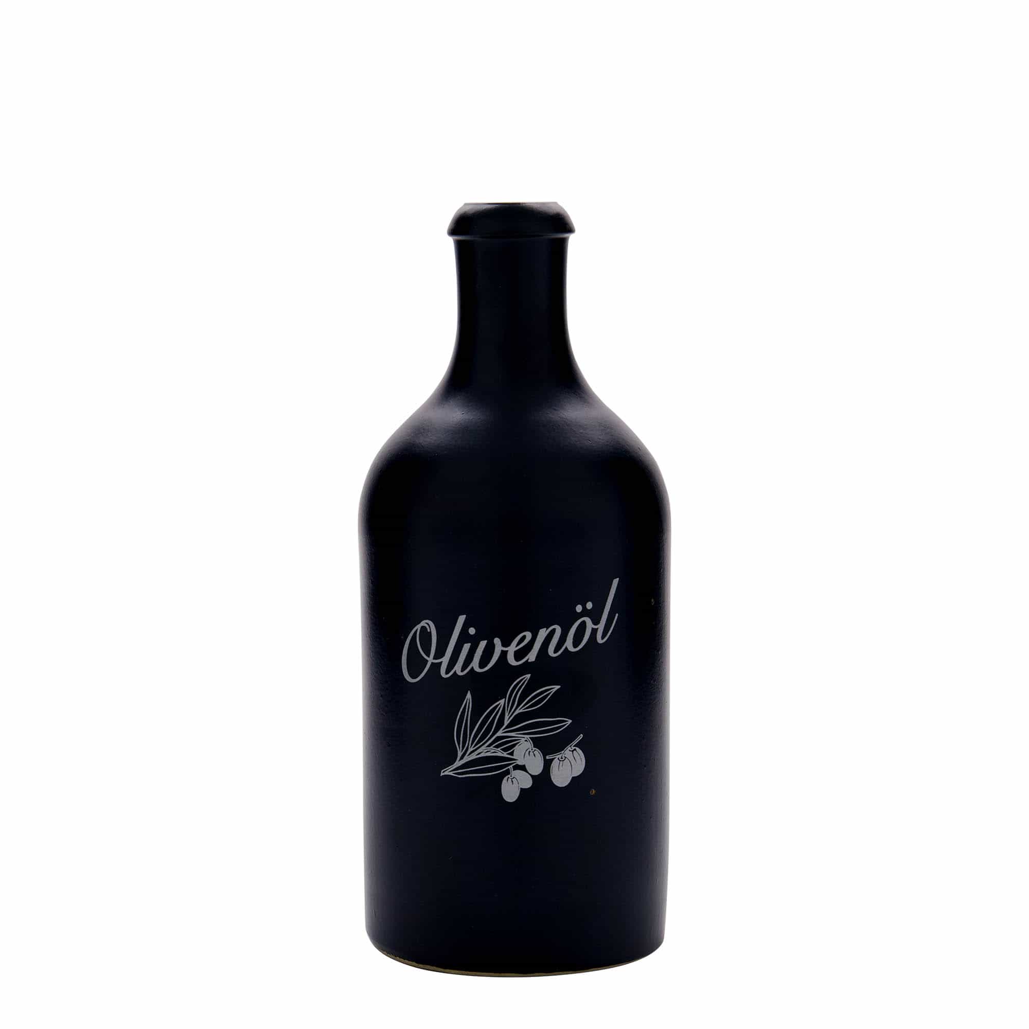 Cruche en grès 500 ml, motif : huile d'olive, grès, noir, ouverture : bouchon en liège Cruche en grès 500 ml, motif : huile d'olive, grès, noir, ouverture : bouchon en liège