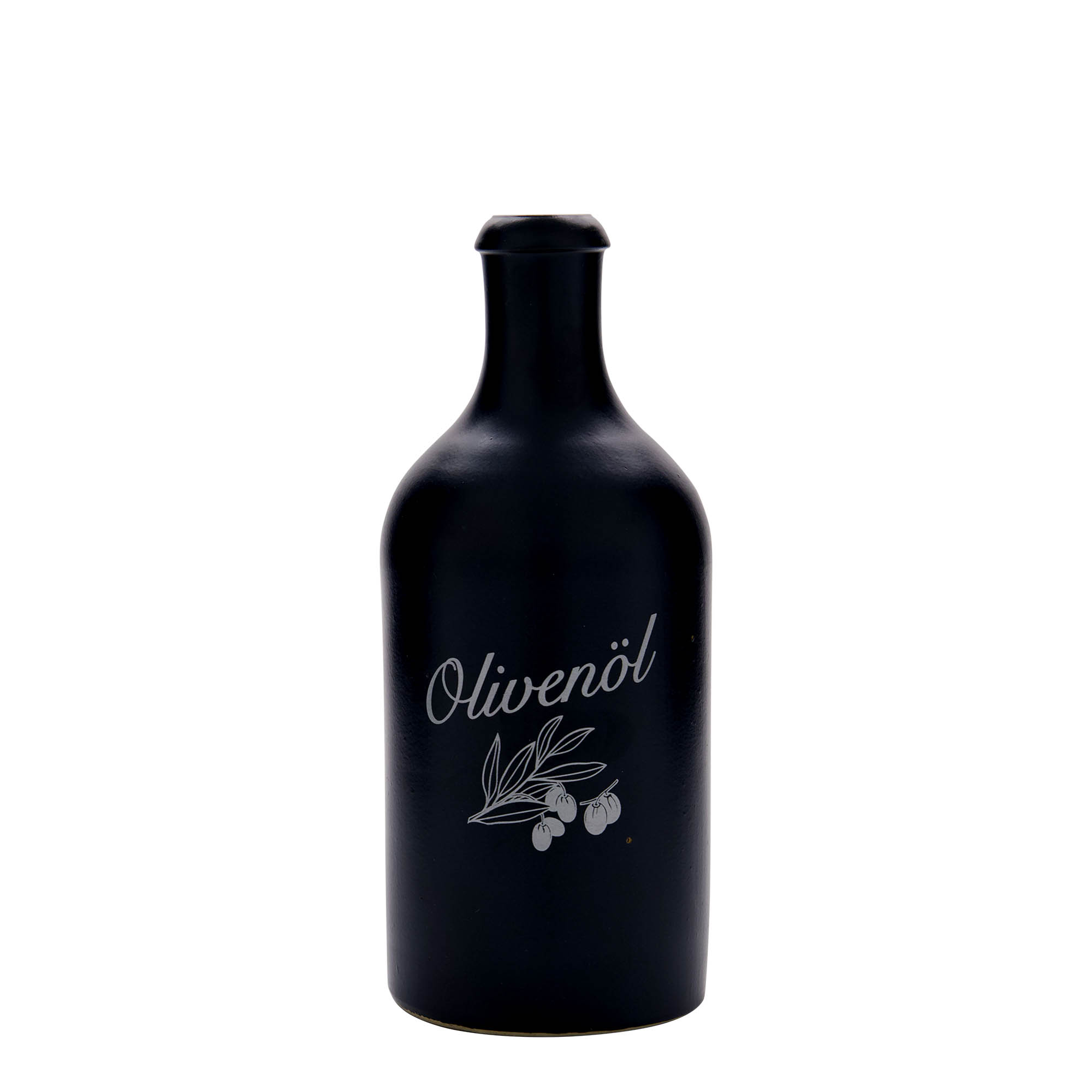 Cruche en grès 500 ml, motif : huile d'olive, grès, noir, ouverture : bouchon en liège Cruche en grès 500 ml, motif : huile d'olive, grès, noir, ouverture : bouchon en liège