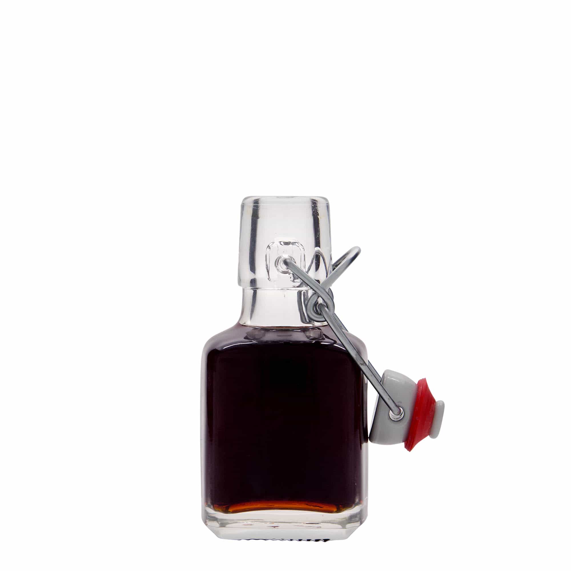 Flacon en verre 100 ml 'Kubica', carré, ouverture : fermeture à bascule Flacon en verre 100 ml 'Kubica', carré, ouverture : fermeture à bascule