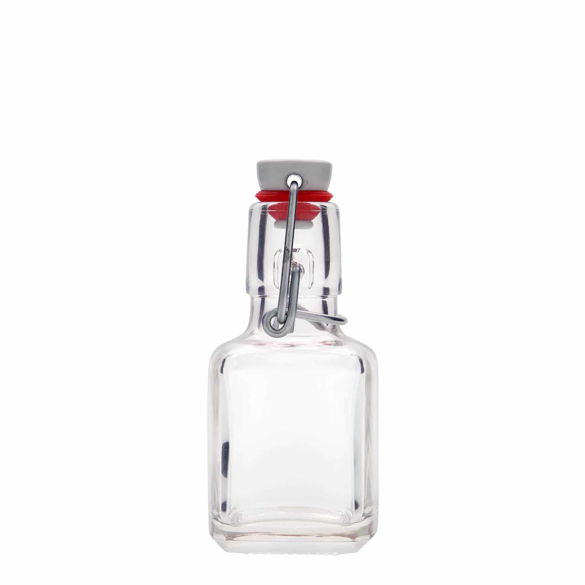 Flacon en verre 100 ml 'Kubica', carré, ouverture : fermeture à bascule Flacon en verre 100 ml 'Kubica', carré, ouverture : fermeture à bascule