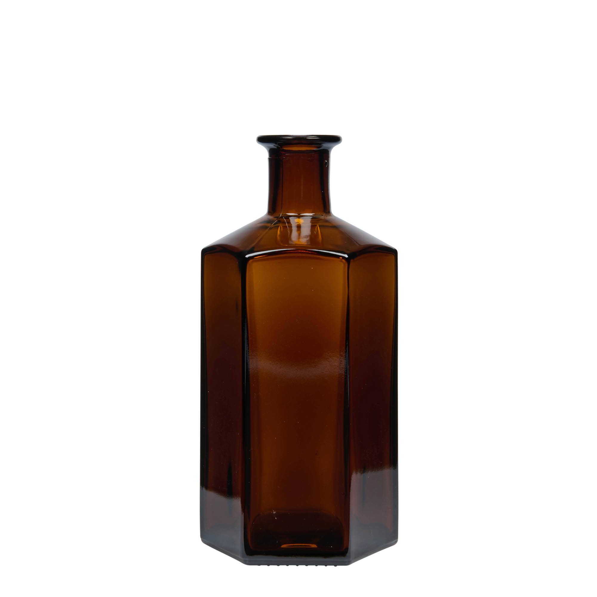 Bouteille en verre 500 ml Apothicaire 'Jimmy', hexagonale, brune, ouverture : bouchon en liège Bouteille en verre 500 ml Apothicaire 'Jimmy', hexagonale, brune, ouverture : bouchon en liège