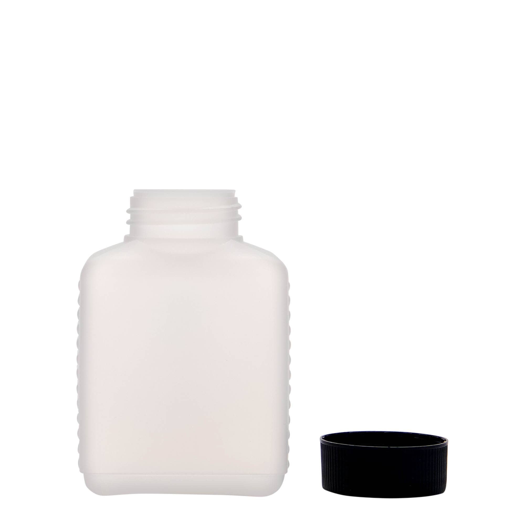 250 ml Bouteille à col large, rectangulaire, plastique HDPE, naturel, ouverture : DIN 40 EPE 250 ml Bouteille à col large, rectangulaire, plastique HDPE, naturel, ouverture : DIN 40 EPE