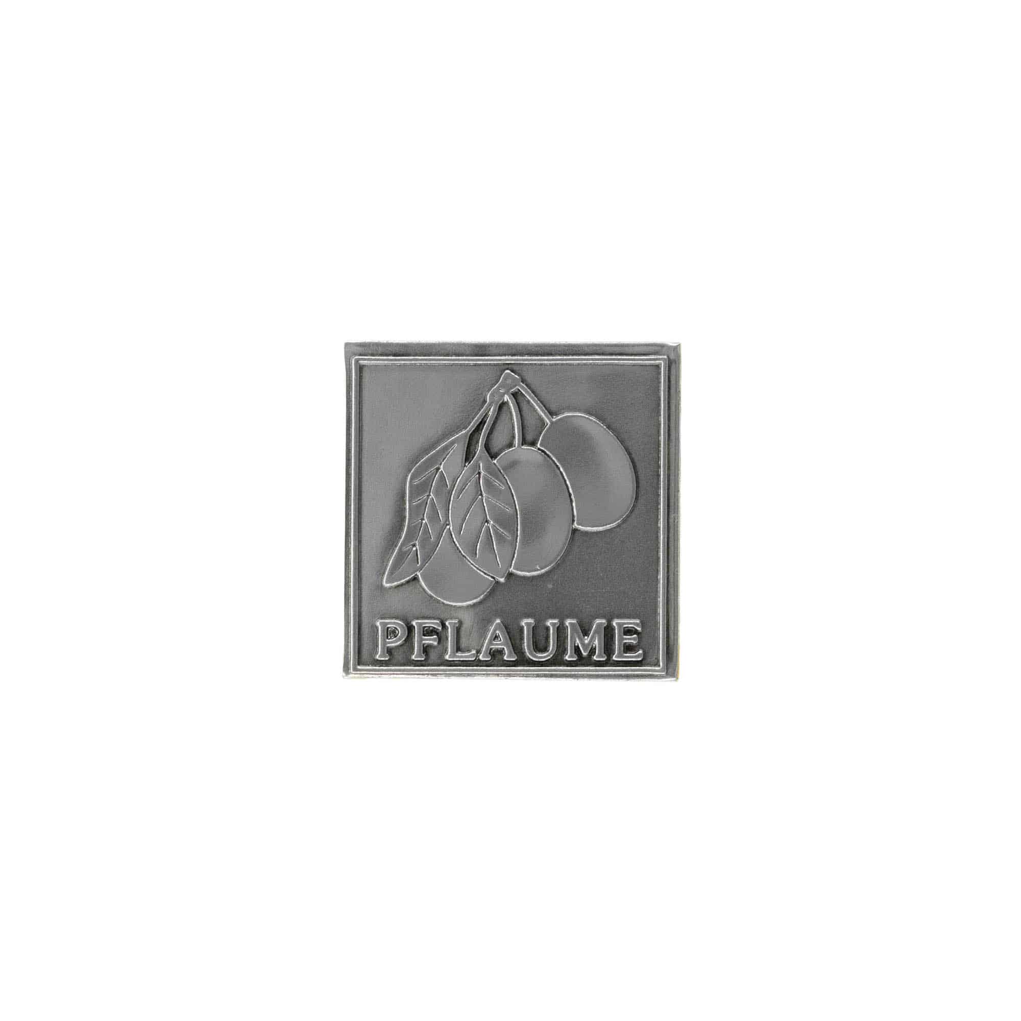 Étiquette en étain 'Prune', carrée, métallique, argentée Étiquette en étain 'Prune', carrée, métallique, argentée
