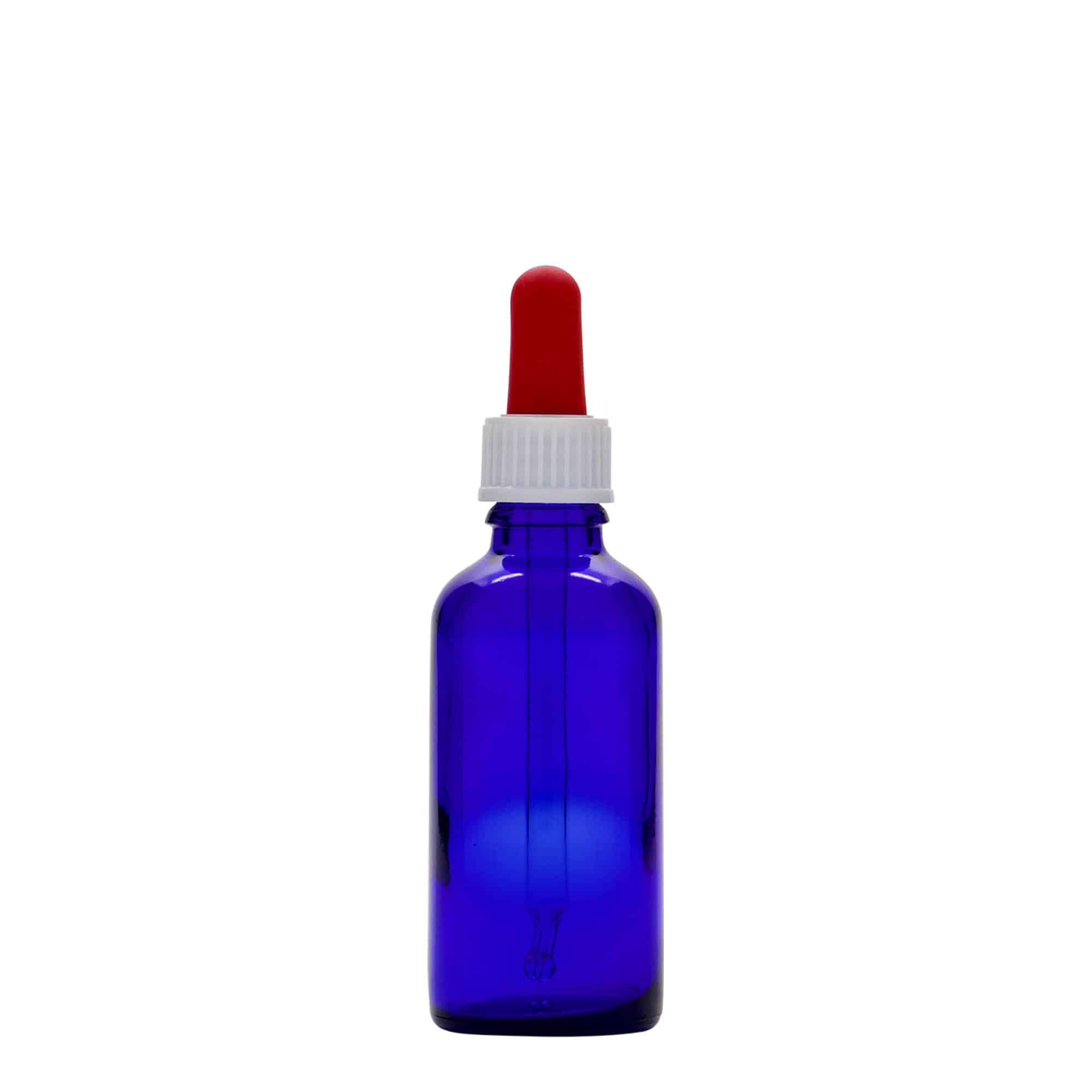 Flacon compte-gouttes médical 50 ml, verre, bleu roi-rouge, col : DIN 18