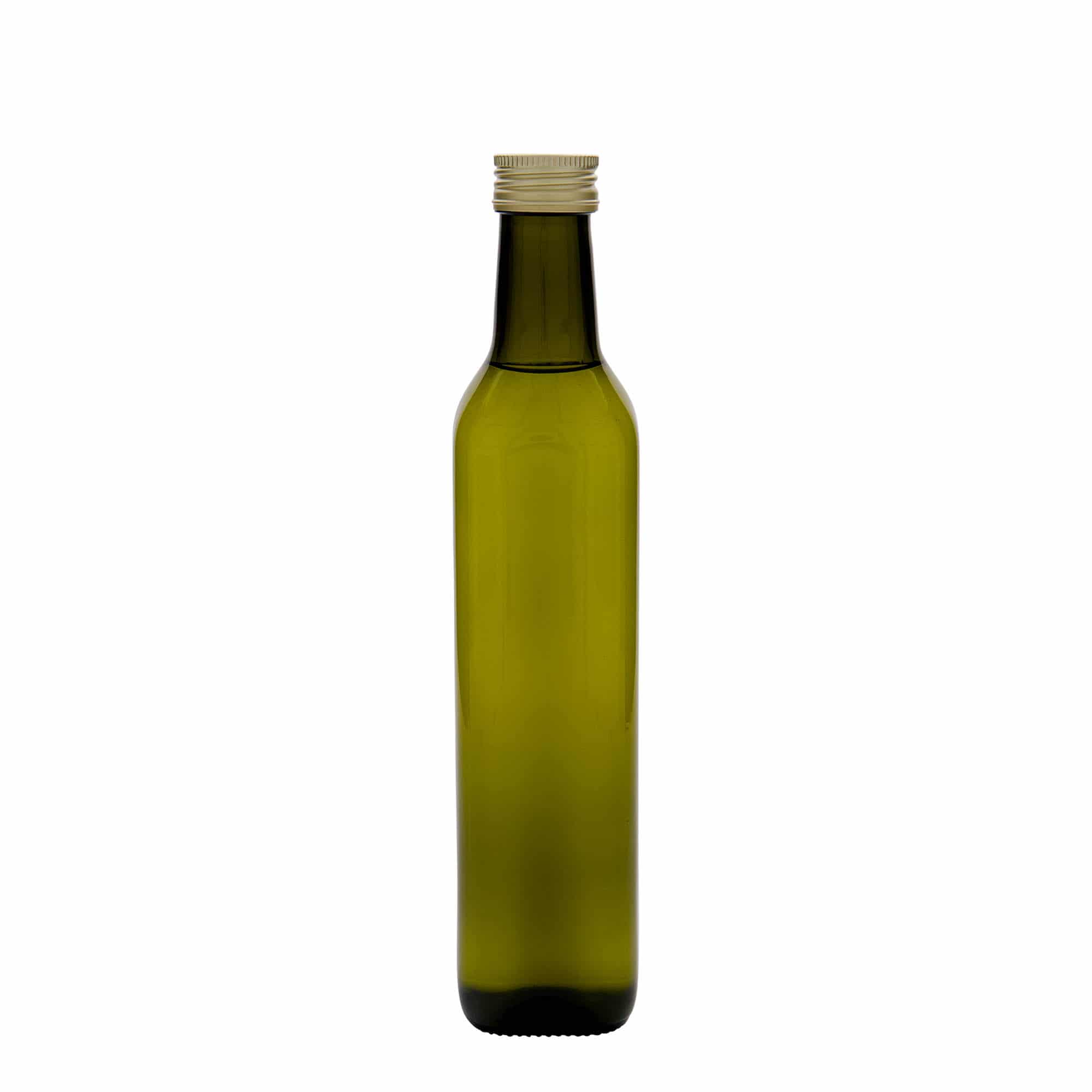 Bouteille en verre 500 ml « Marasca », carrée, vert antique, ouverture : PP 31,5
