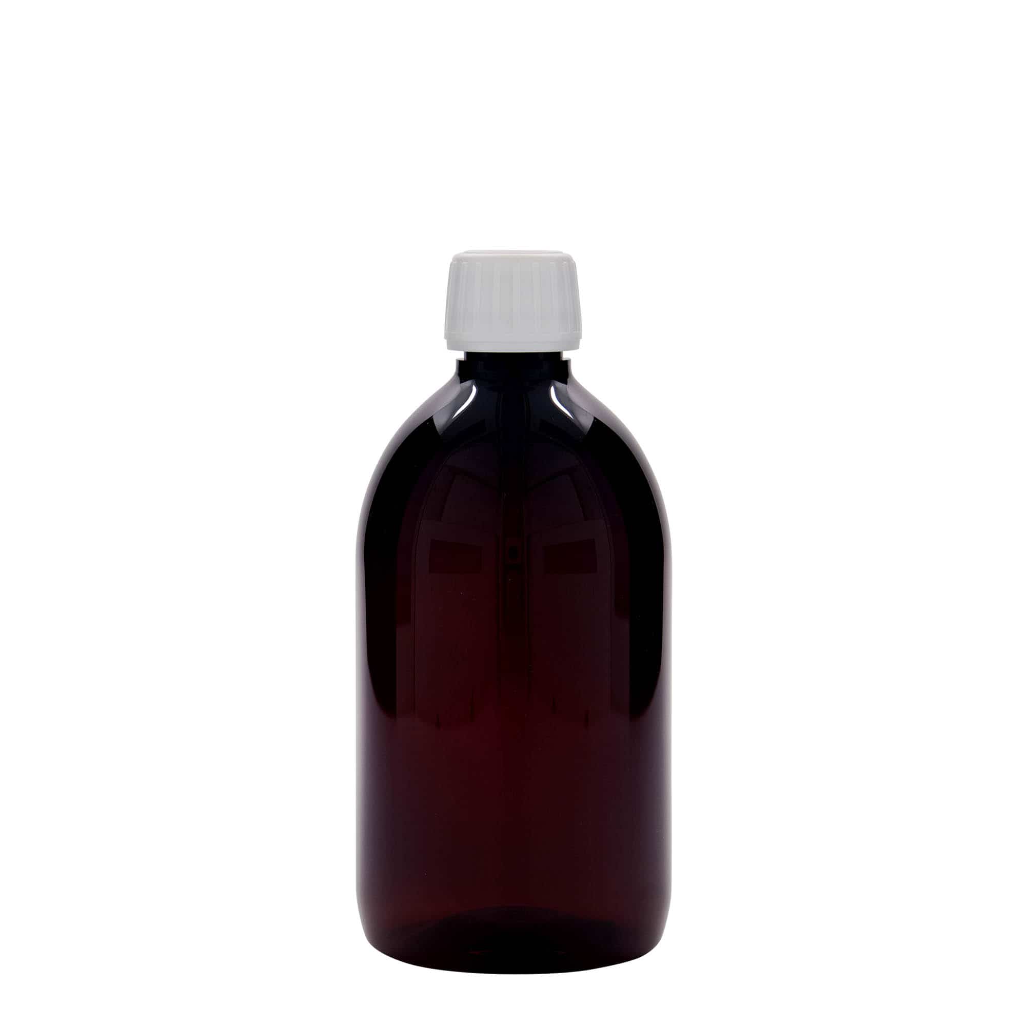 Flacon pharmaceutique en PET 500 ml, marron, plastique, col : PP 28