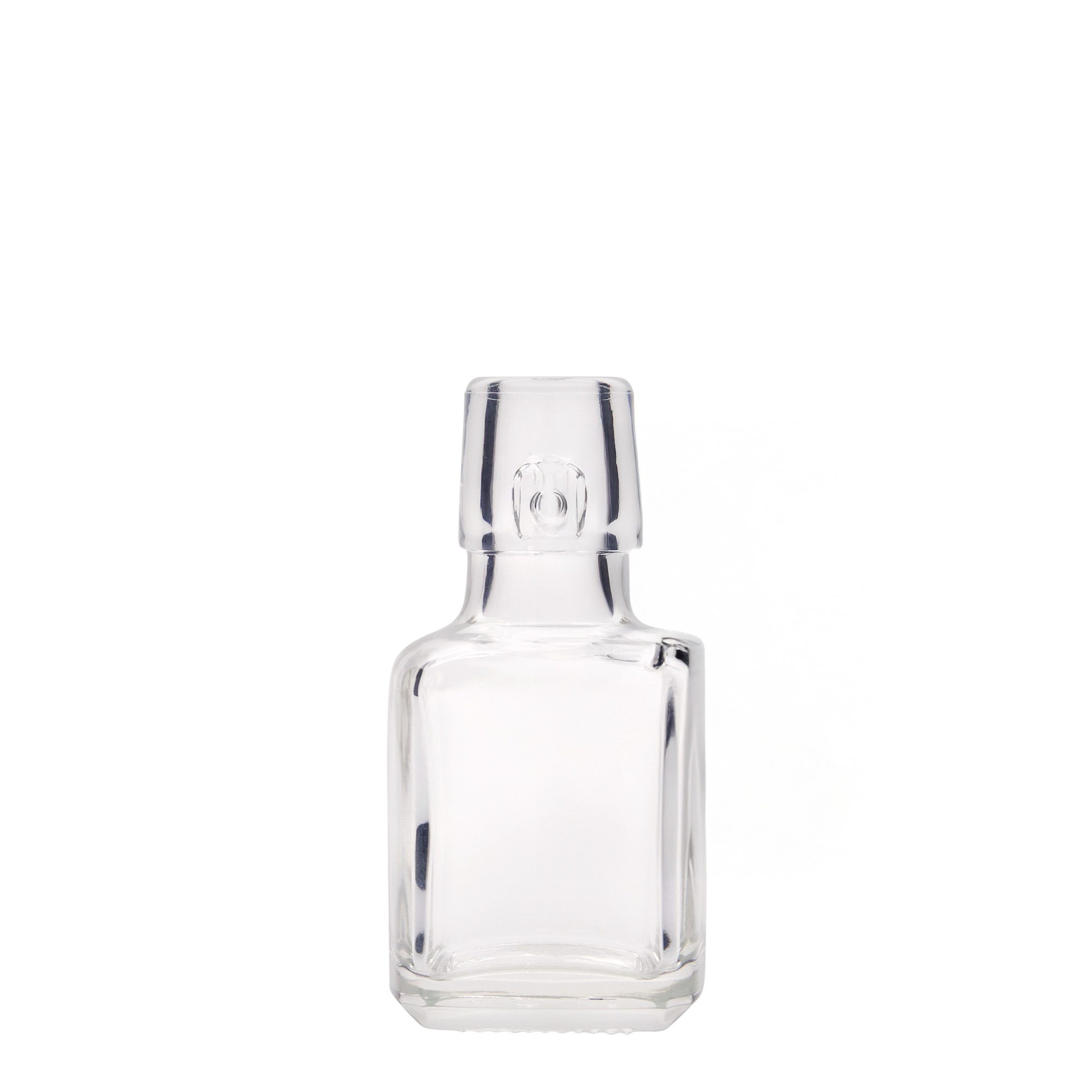 Flacon en verre 100 ml 'Kubica', carré, ouverture : fermeture à bascule Flacon en verre 100 ml 'Kubica', carré, ouverture : fermeture à bascule