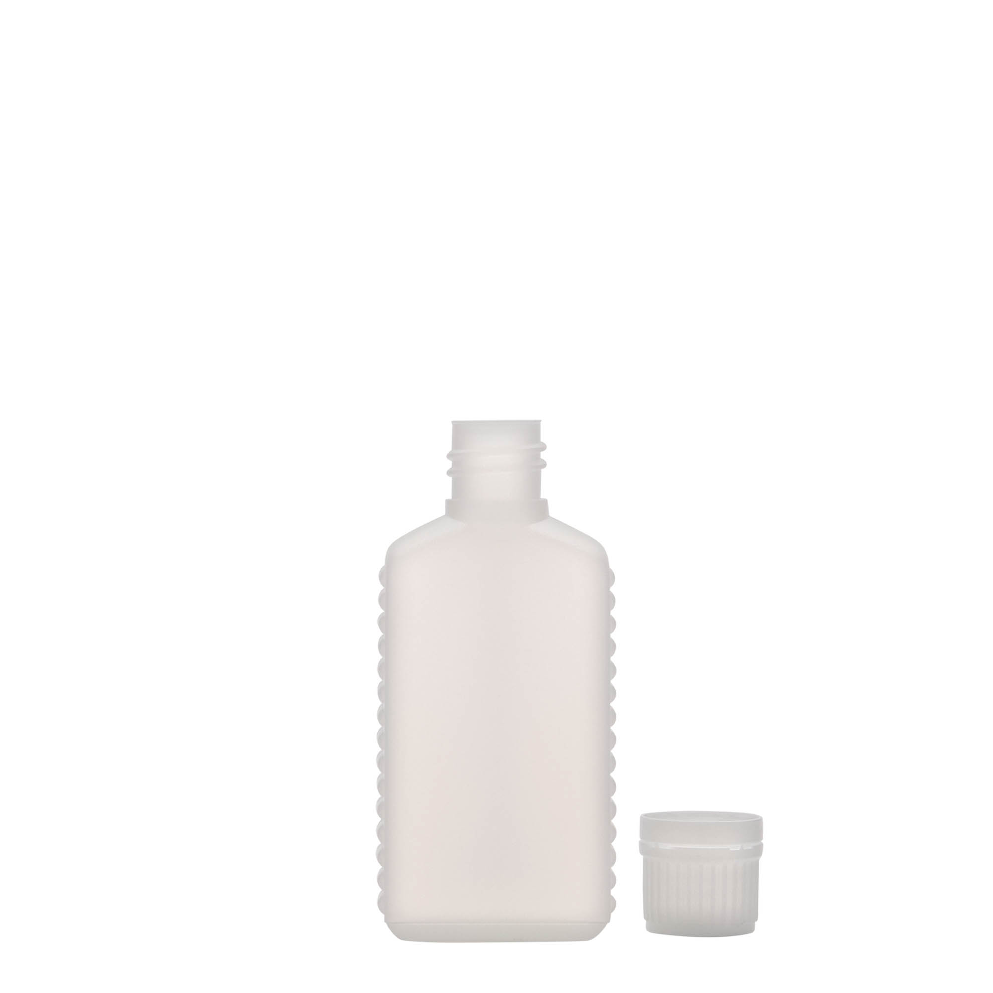 Bouteille bidon 50 ml col étroit, rectangulaire, plastique HDPE, naturel, ouverture : DIN 18