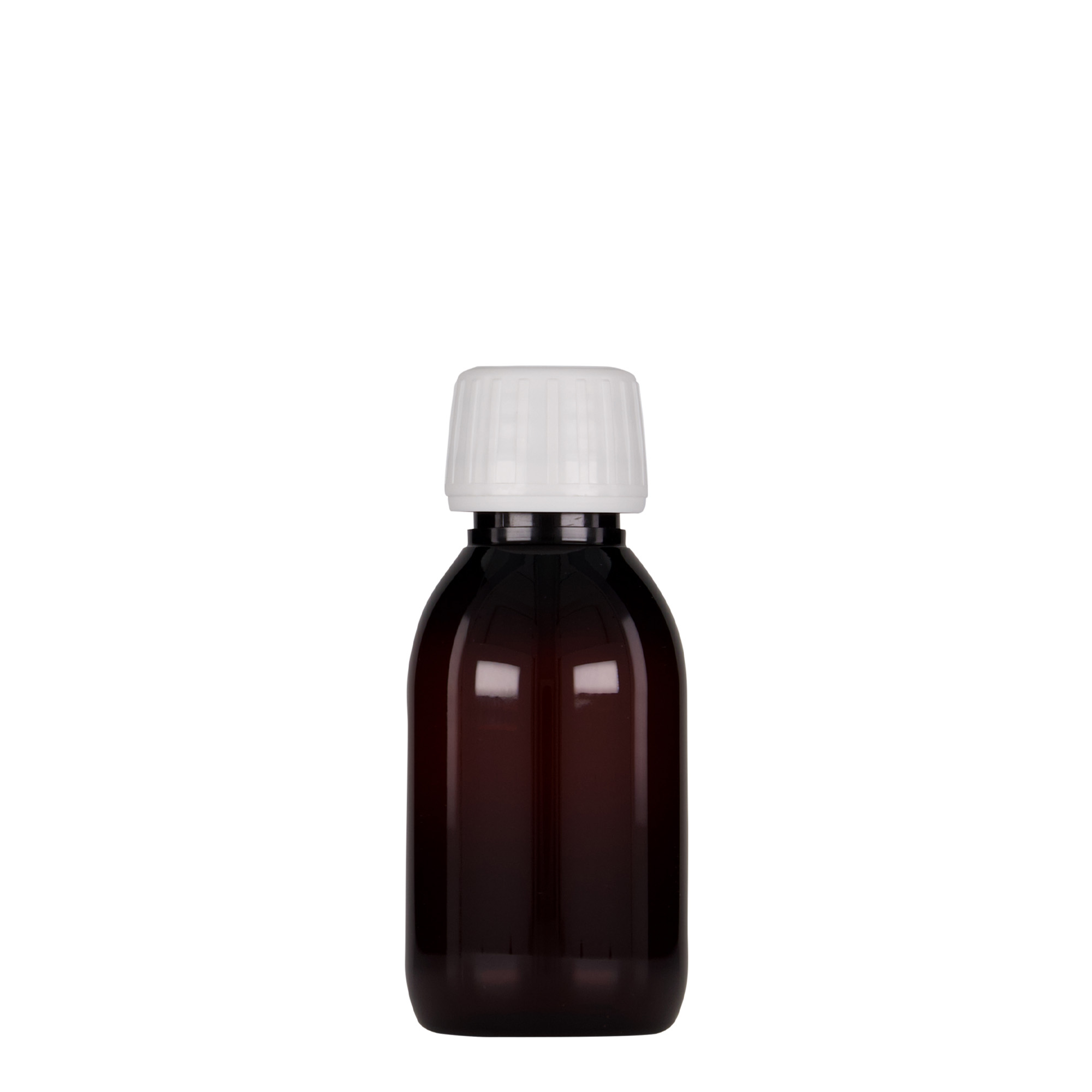 Flacon pharmaceutique en PET 100 ml, brun, plastique, col : PP 28