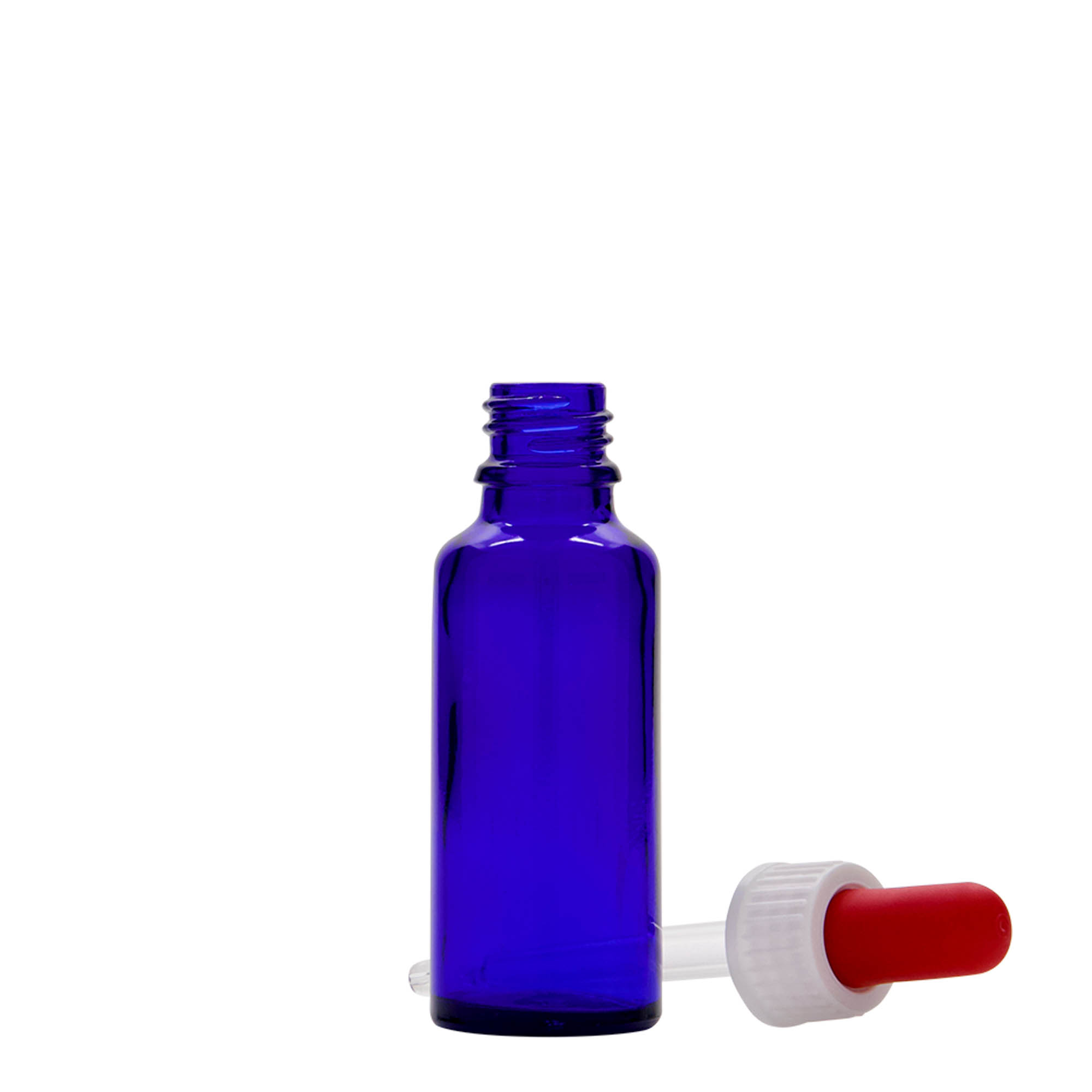 Flacon compte-gouttes 30 ml Médical, verre, bleu roi-rouge, ouverture : DIN 18 Flacon compte-gouttes 30 ml Médical, verre, bleu roi-rouge, ouverture : DIN 18